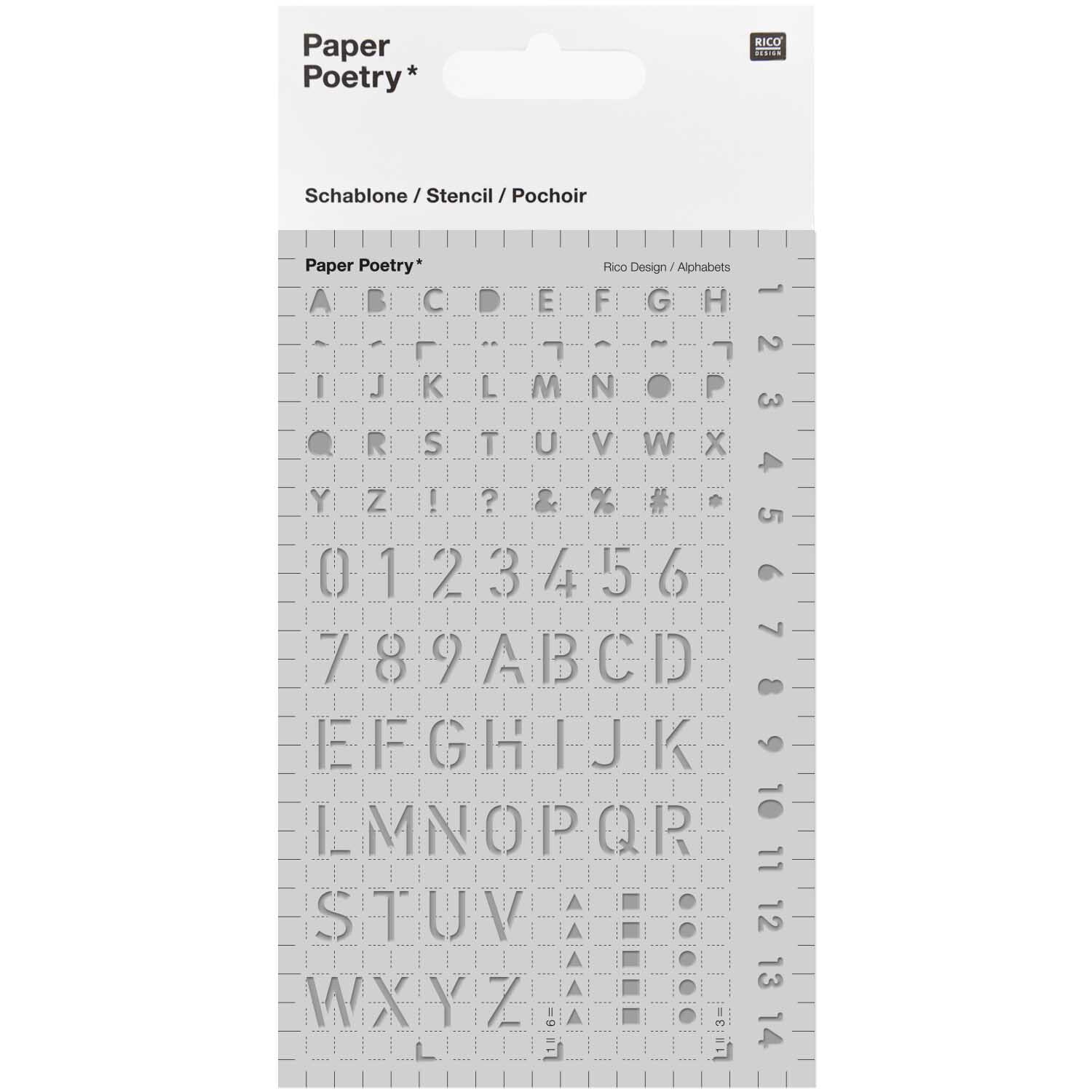 Paper Poetry Bullet Diary Schablone mit Buchstaben und Zahlen, ideal für kreative Projekte.