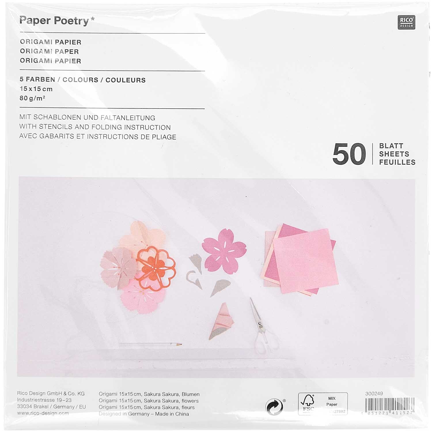 Paper Poetry Origami Blumen 15x15cm 50 Blatt 4 Schablonen von Rico Design Paper Poetry Origami Blumen-Set mit 50 Blättern und 4 Schablonen, ideal für kreative Bastelprojekte.