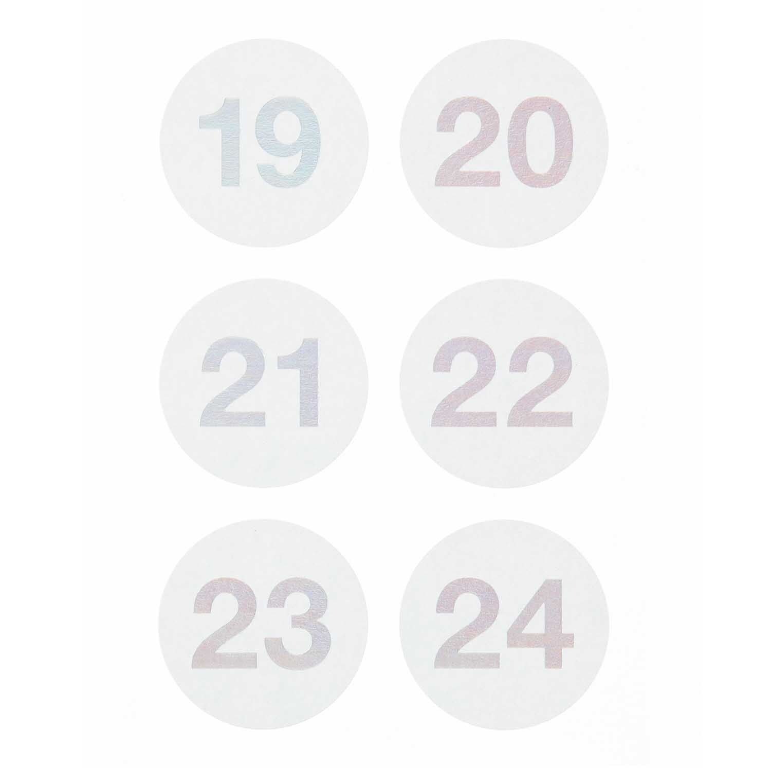 Paper Poetry Adventskalender Sticker Zahlen 1-24 in Mint von Rico Design. Sechs runde Sticker mit Zahlen 19 bis 24 auf weißem Hintergrund.