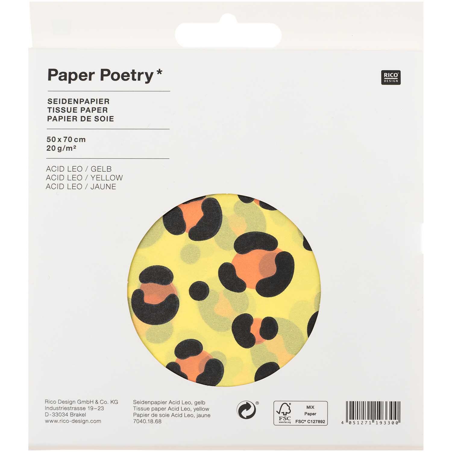 Paper Poetry Seidenpapier Acid Leo 50x70cm 5 Bogen Farbe Gelb von Rico Design Paper Poetry Seidenpapier mit Leopardenmuster in Gelb von Rico Design, 50x70cm, 5 Bogen. Ideal für kreative Projekte.