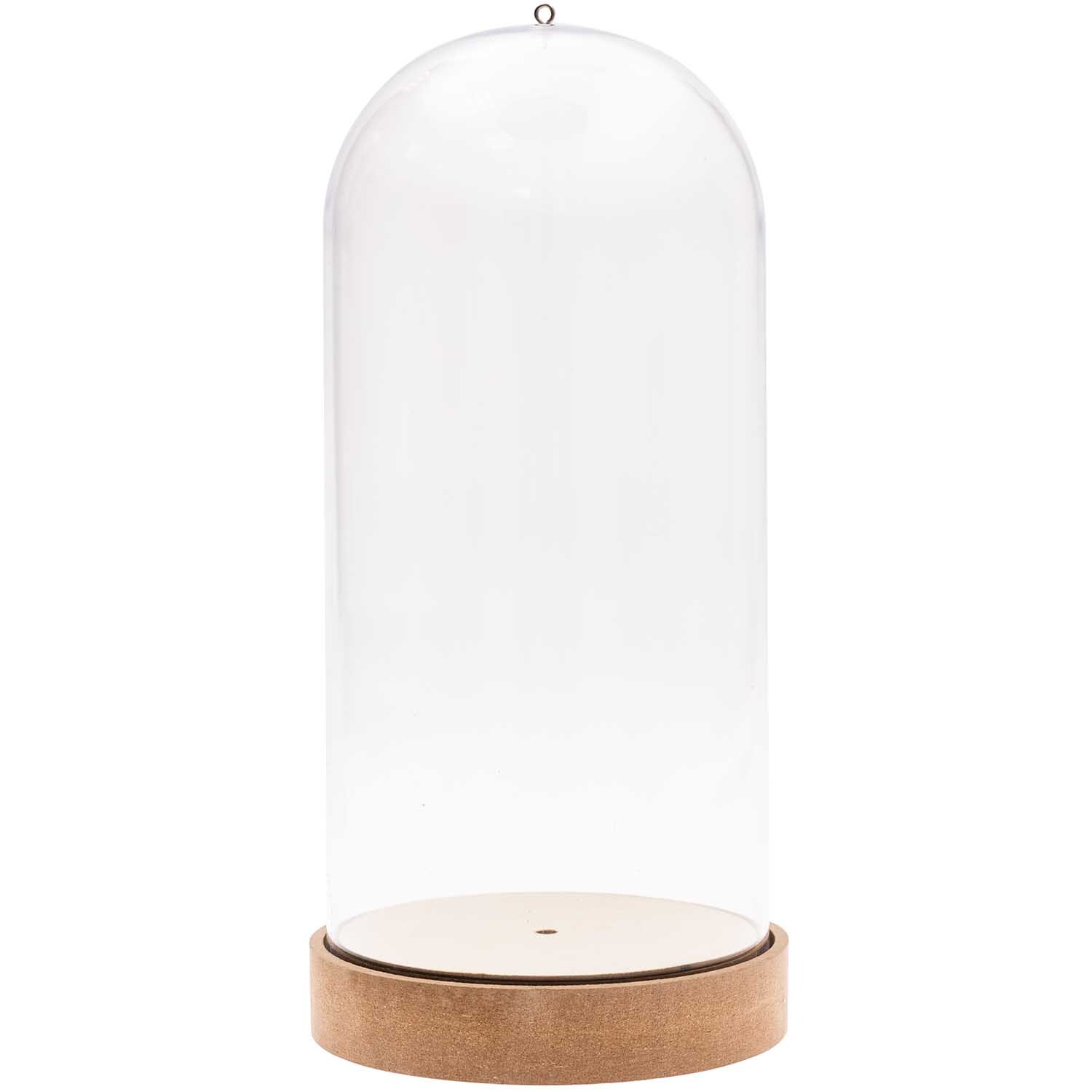 Dekohaube mit Sockel 12x27cm Gr. XL von Rico Design, ideal zur Präsentation von Objekten. Transparentes Glas mit stabilem Holzsockel.
