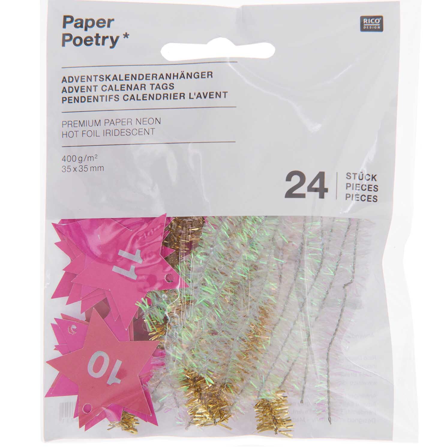 Paper Poetry Adventskalenderanhänger Sterne in Neonfarben, 24 Stück von Rico Design, ideal für kreative Weihnachtsdekorationen.