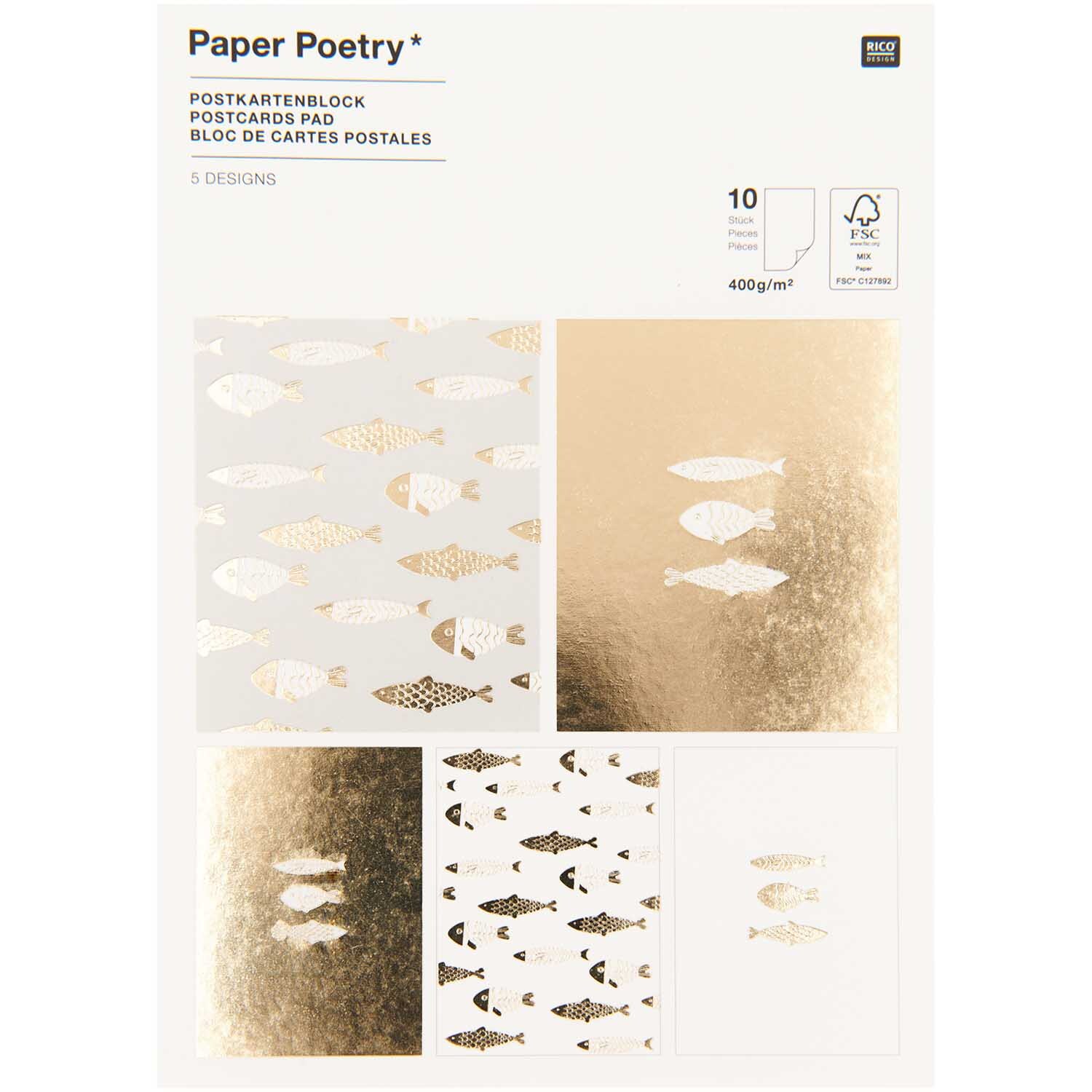 Paper Poetry Postkartenblock Fische mit 10 Karten, zeigt elegante Fischmotive in Gold und Weiß. Ideal für kreative Grüße. Marke: Rico Design.