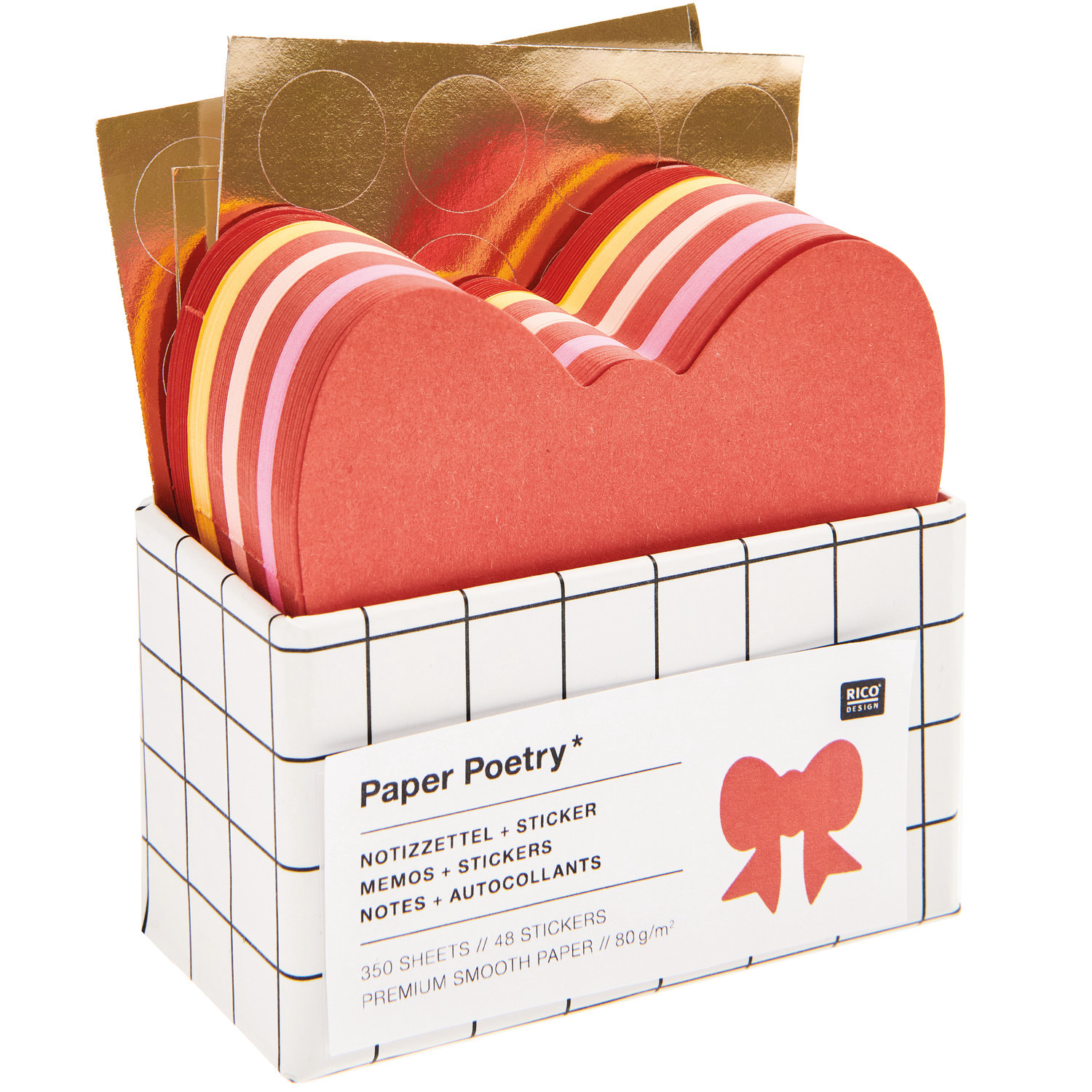 Paper Poetry Notizzettelbox Schleife 350 Blatt von Rico Design Paper Poetry Notizzettelbox Schleife mit 350 Blatt in Herzform, inklusive goldener Sticker. Ideal für kreative Notizen und Dekoration.