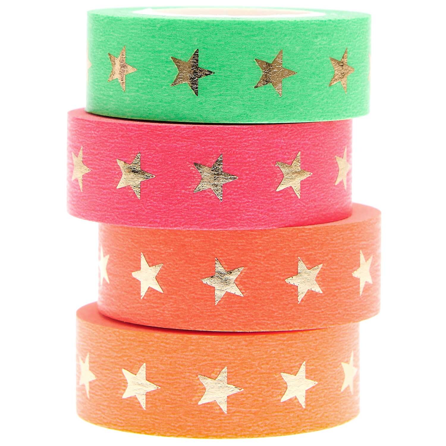 Paper Poetry Tape Set Sterne neon, 4-teilig, von Rico Design. Bunte Klebebänder mit Sternmotiven in Neonfarben.