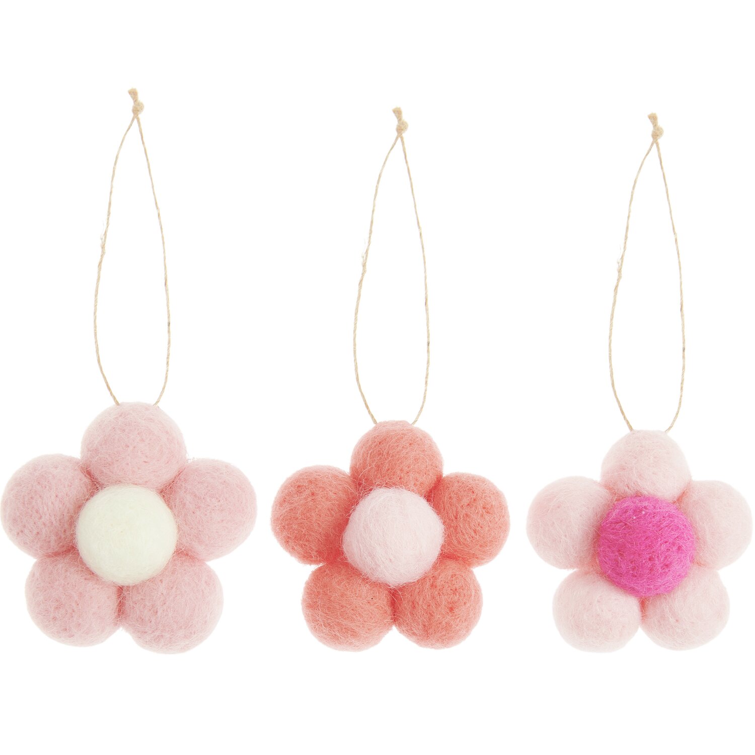 Aufhänger Filz-Blumen von Rico Design in Rosa und Pink, 5,7x3cm, 3 Stück, dekorativ arrangiert.
