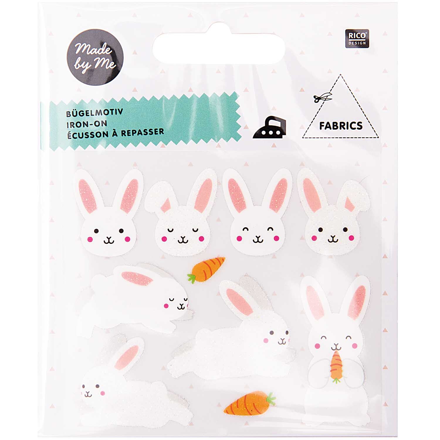 Bügelmotive Hase 10 Stück: Weiße Hasen mit Karotten, ideal zum Aufbügeln auf Stoffe. Marke: Rico Design.