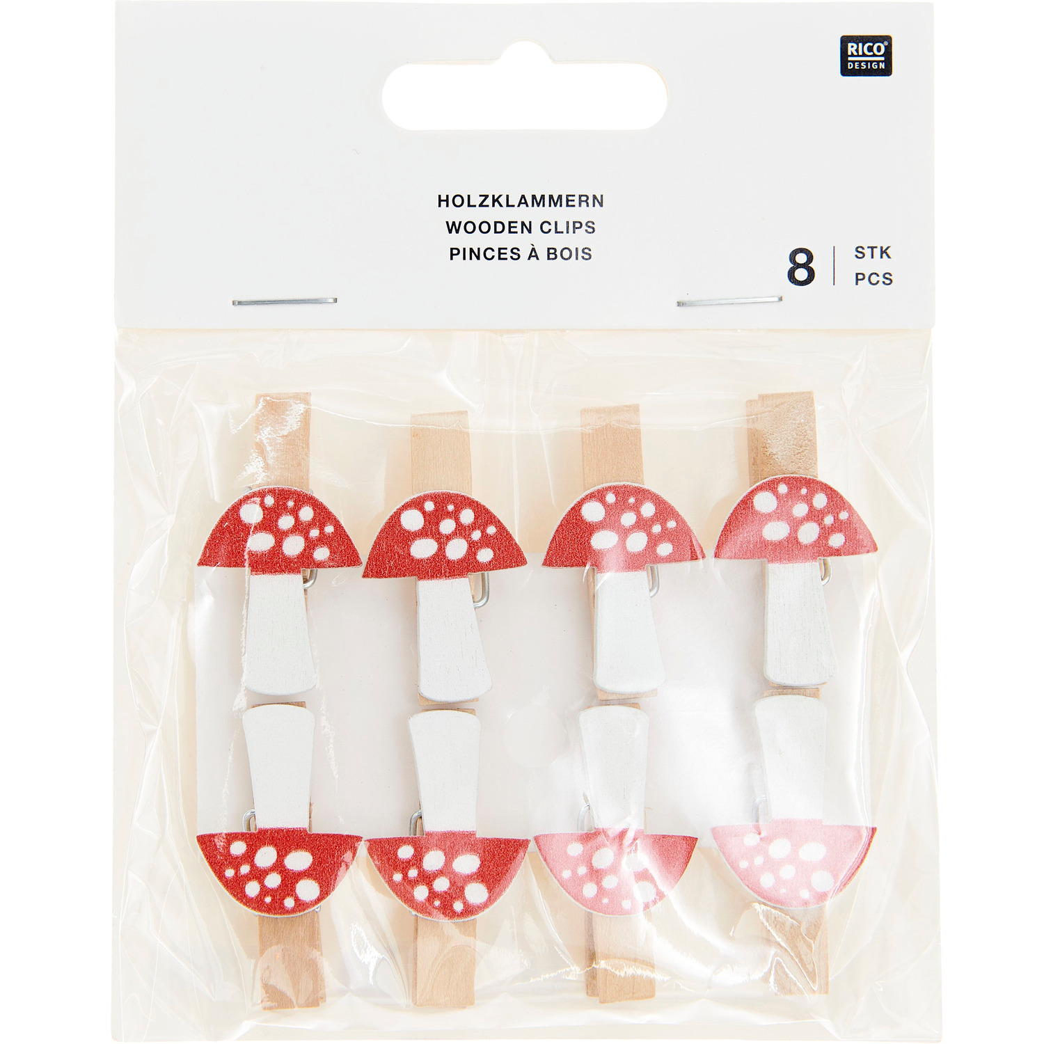 Holzclips Fliegenpilz 8 Stück, 20x35mm Farbe Weiß-rot von Rico Design Holzclips Fliegenpilz: Acht dekorative Clips in Pilzform, ideal für kreative Projekte.
