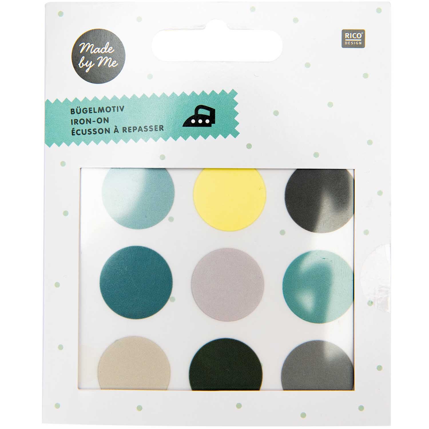 Bügelmotiv Kreise grün Mix 18 Stück von Rico Design zeigt bunte Kreise in verschiedenen Farben auf einer Verpackung.