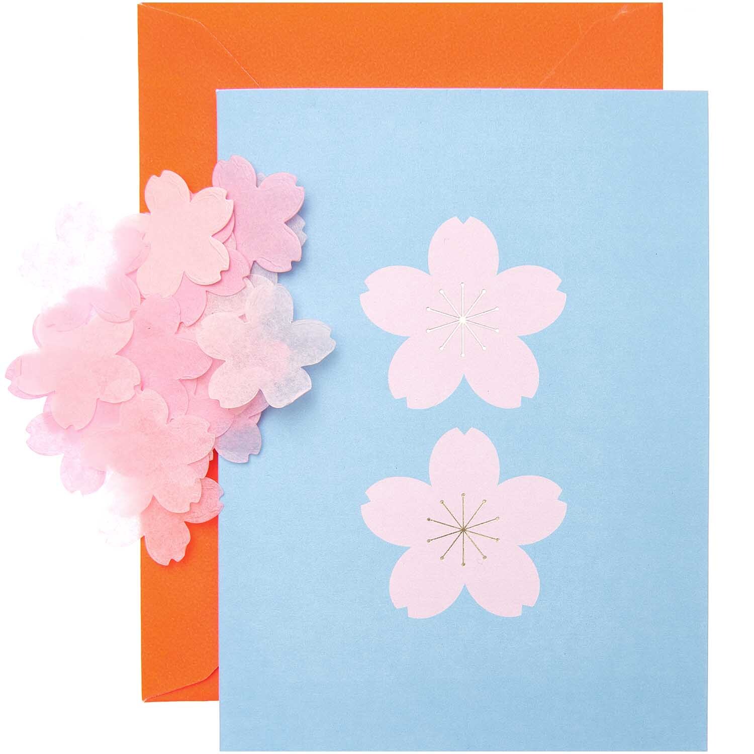 Paper Poetry Grußkartenset zeigt rosa Kirschblüten auf hellblauer Karte mit orangefarbenem Umschlag. Ideal für kreative Grüße. Marke: Rico Design.
