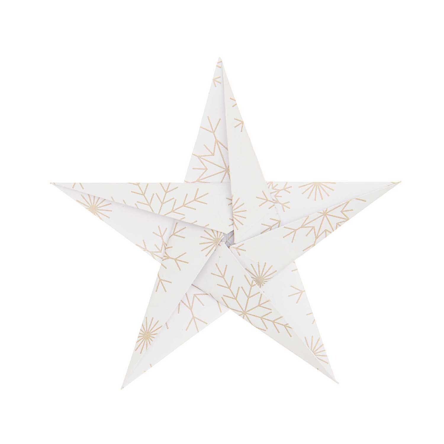 Paper Poetry Bascetta Origamipapier zeigt eine goldene Schneeflocken-Dekoration auf weißem Hintergrund. Ideal für kreative Bastelprojekte.