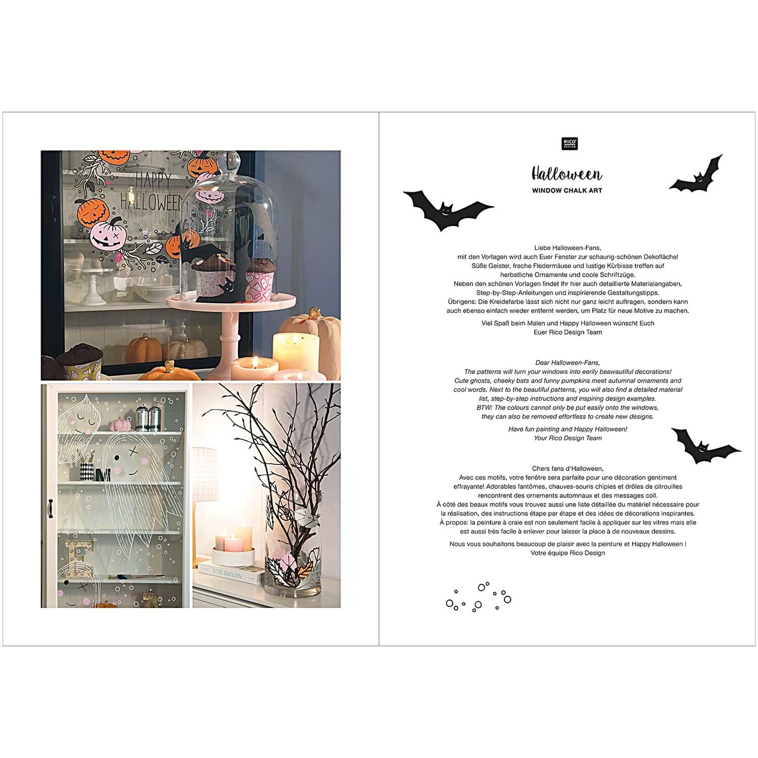 Vorlagenmappe Halloween Fenster- und Glasmalerei mit Kreidestiften von Rico Design Vorlagenmappe Halloween Fenster- und Glasmalerei zeigt kreative Dekorationen mit Kürbissen und Fledermäusen, ideal für festliche Gestaltung.