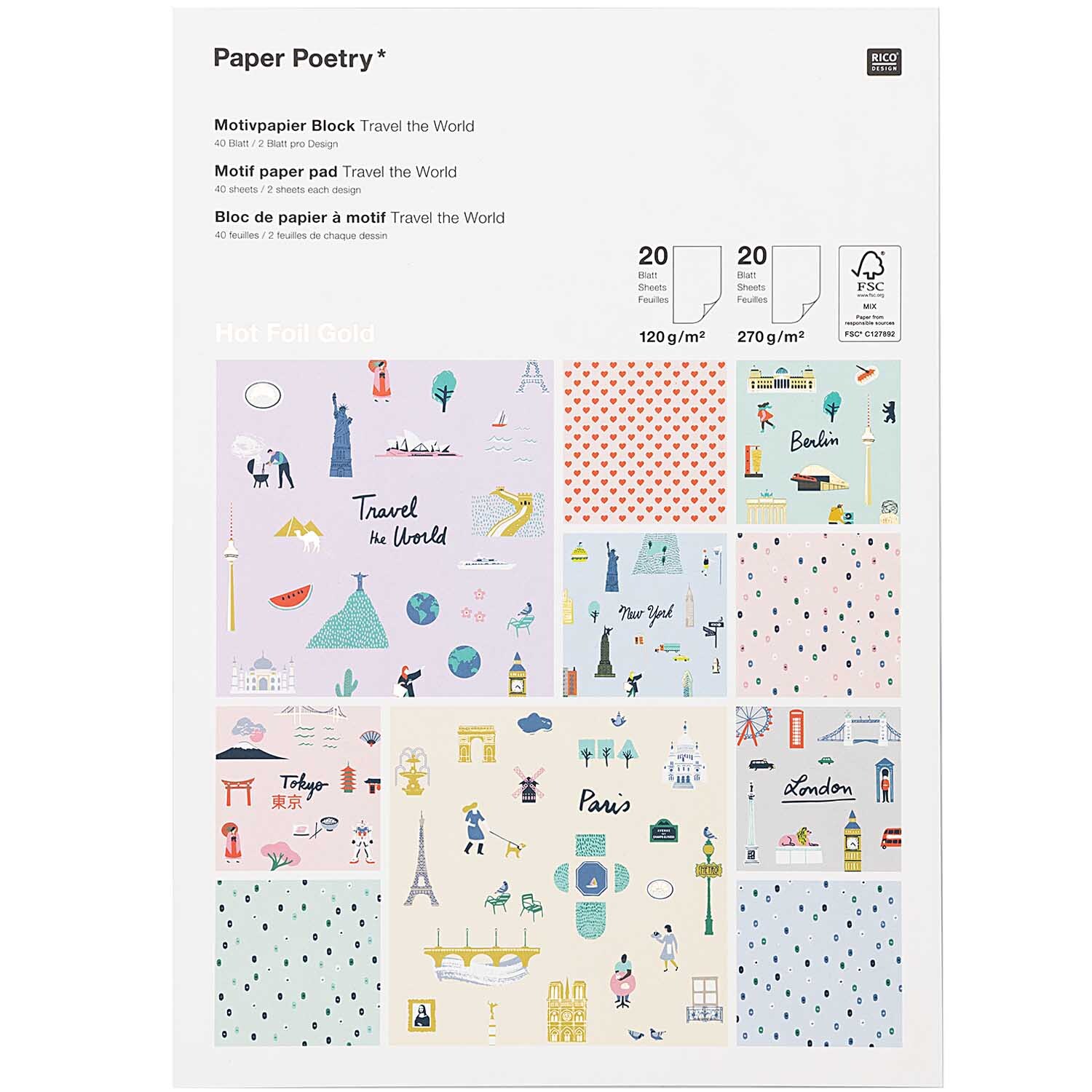 Paper Poetry Motivpapierblock Travel the World mit 40 Blatt, farbenfrohe Reise-Motive.