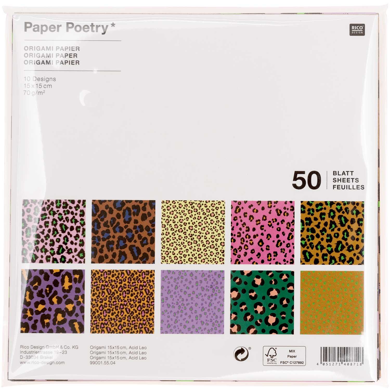 Paper Poetry Origami Acid Leo 15x15cm 50 Blatt zeigt bunte Leopardenmuster in verschiedenen Farben von Rico Design.