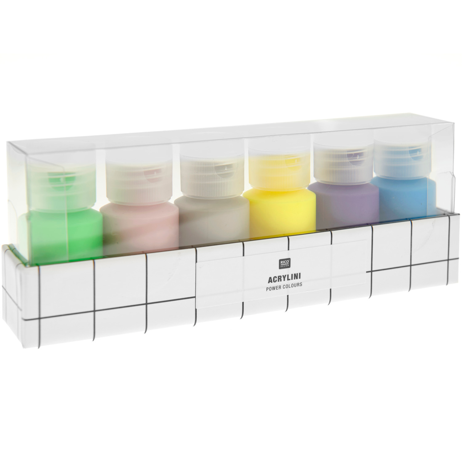 Acrylini Acrylfarben Set Power Colours: Sechs bunte Farben in 22ml Flaschen von Rico Design.
