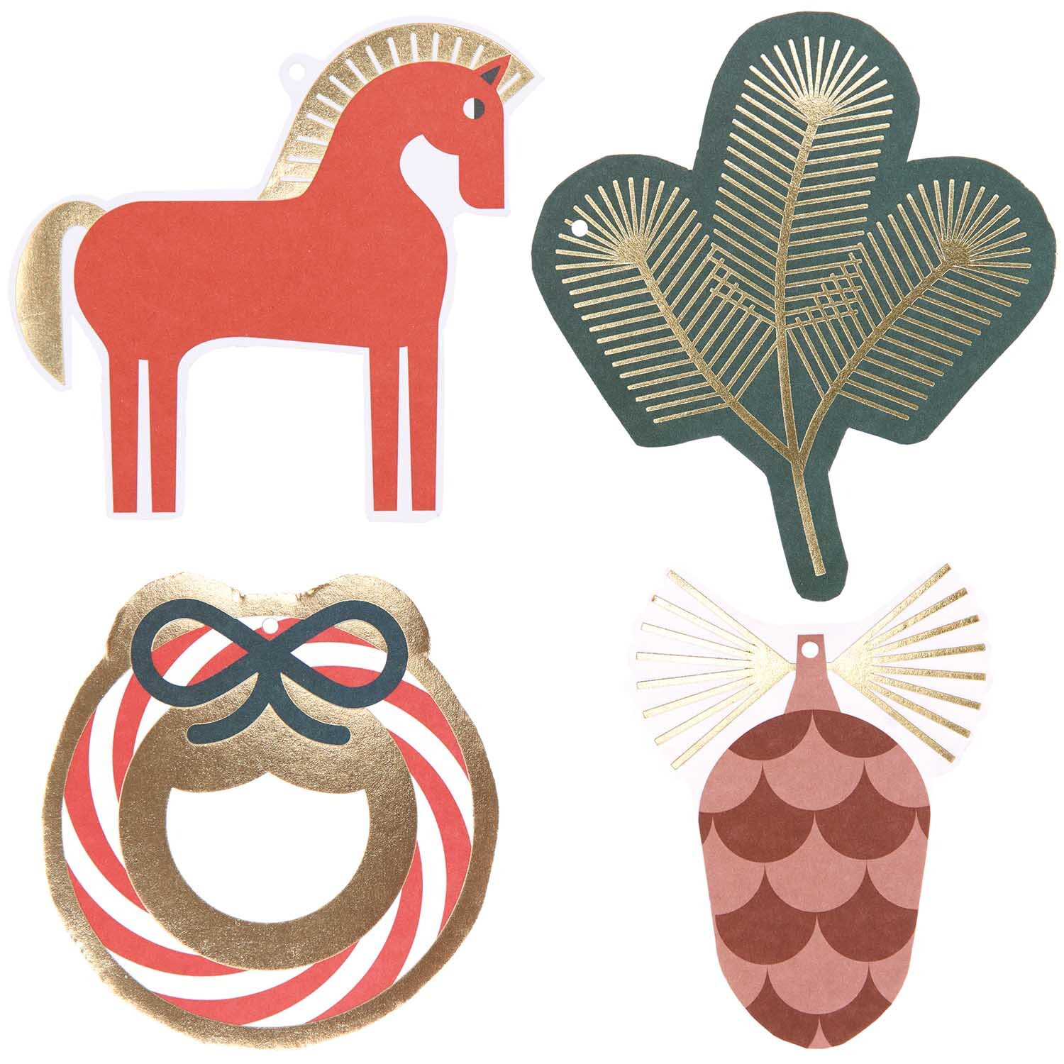 Paper Poetry Geschenkanhänger Christmas Rocks! 8 Stück von Rico Design zeigen bunte, festliche Motive wie ein rotes Pferd und einen Tannenzweig.