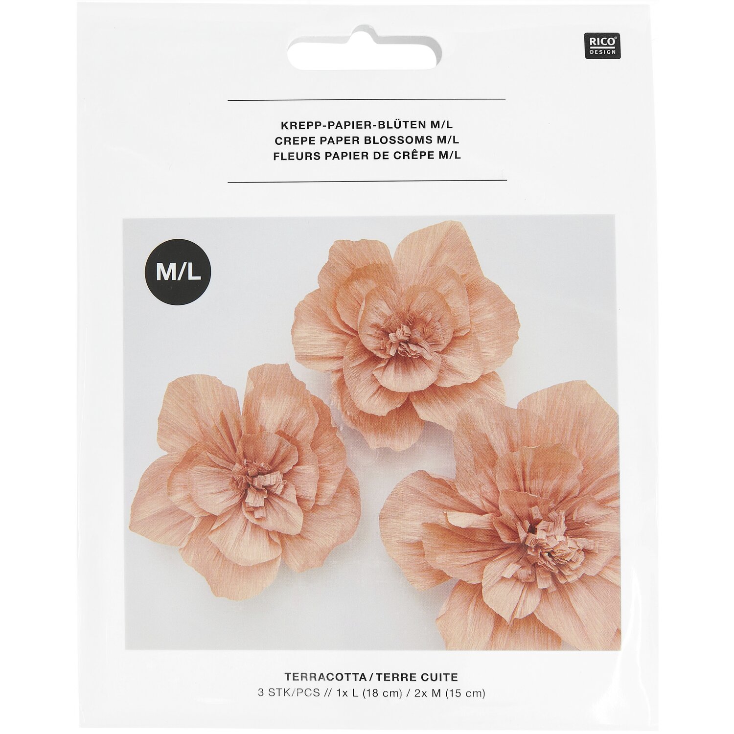 Krepppapier Blüten in Terracotta von Rico Design, drei Stück in mittlerer Größe auf weißem Hintergrund.