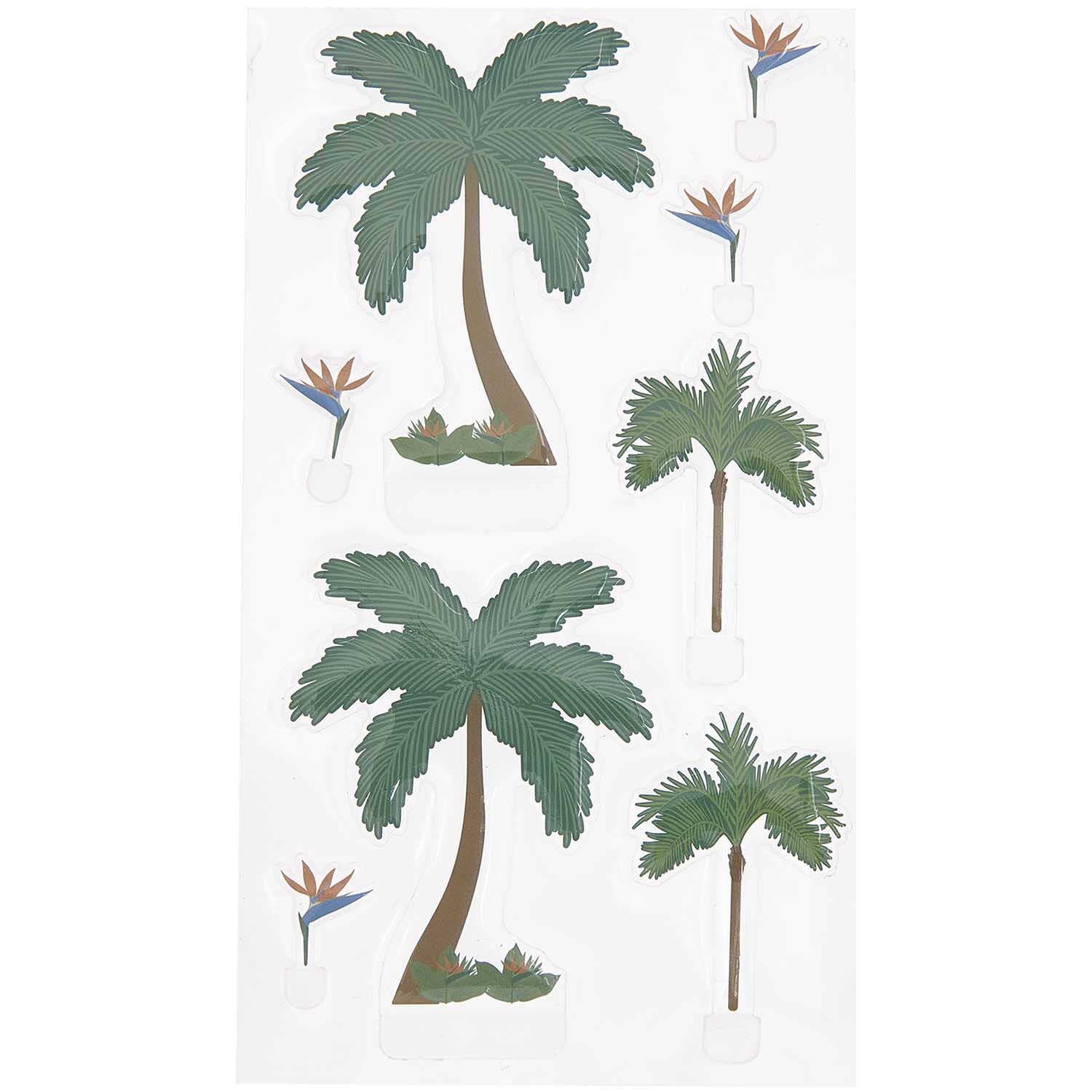 Figurico Gelsticker Tropische Pflanzen: Bunte Sticker mit Palmen und exotischen Blumen auf weißem Hintergrund. Ideal für kreative Dekorationen.