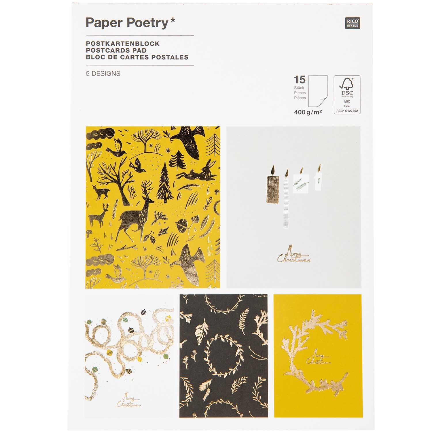 Paper Poetry Postkartenblock mit nostalgischen Weihnachtsmotiven in Schwarz-Gold von Rico Design.