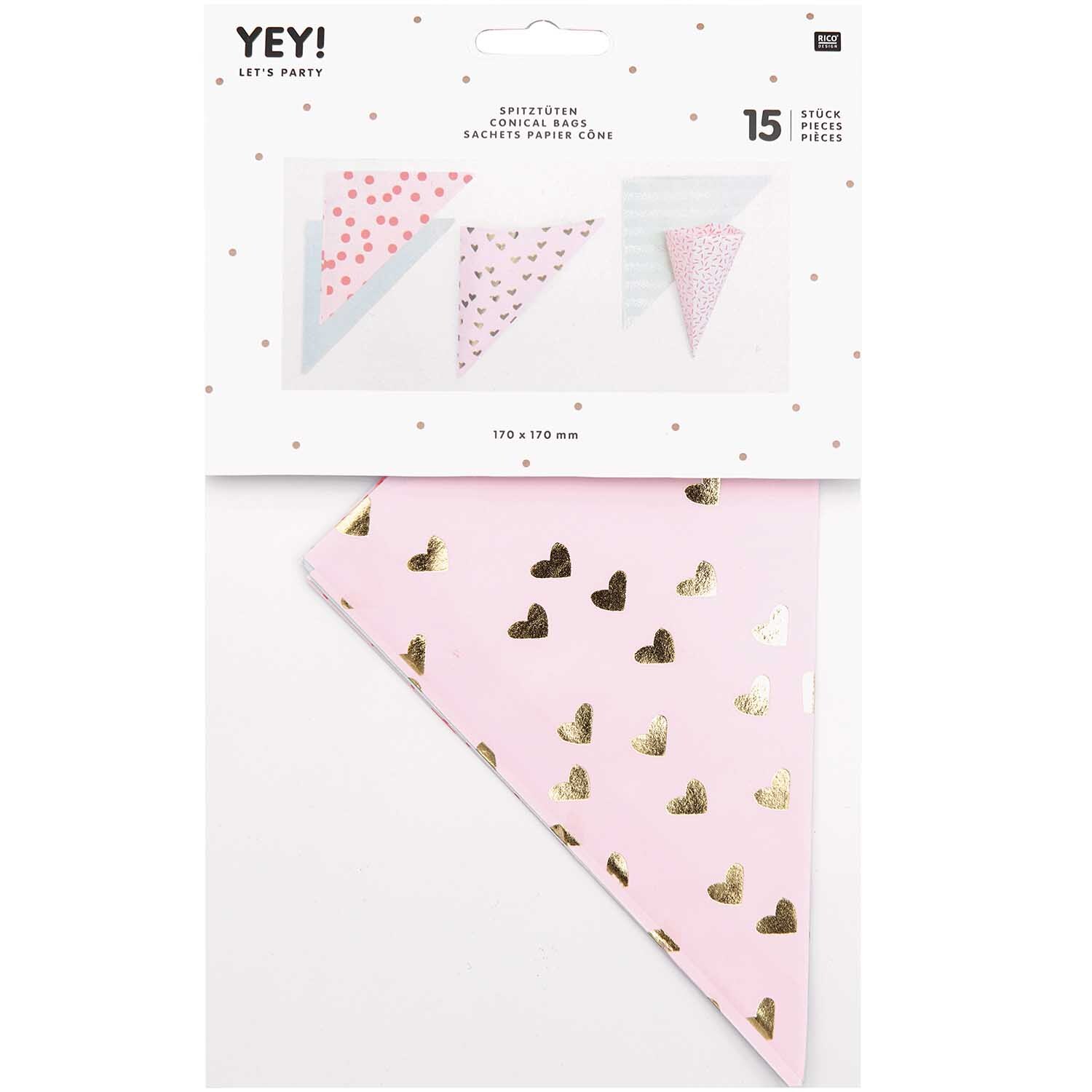 Spitztüten Design Mix 170x170mm 15 Stück, rosa mit goldenen Herzen, ideal für Partys.