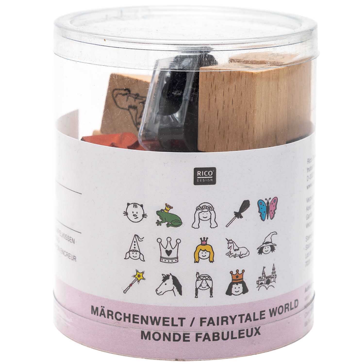 Stempelset Märchenwelt 2x2cm, 16-teilig, von Rico Design. Enthält schwarze Stempel mit Märchenmotiven in transparenter Verpackung.