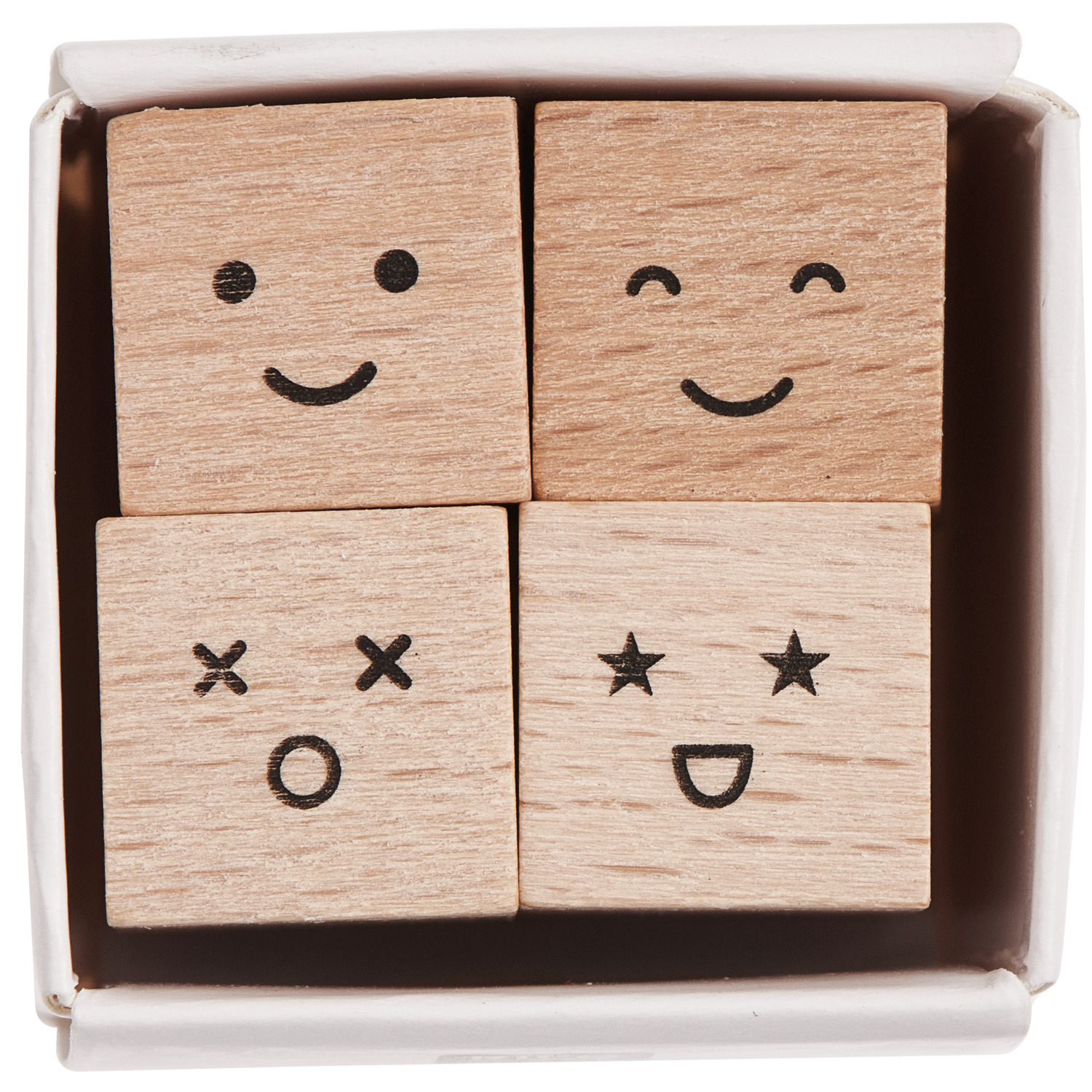 Mini-Stempelset Smile, 4 Stück, mit fröhlichen Gesichtern auf Holzblöcken, ideal für kreative Projekte.