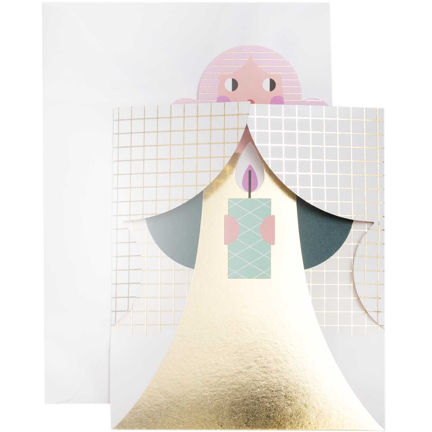 Paper Poetry 3D-Karte Engel petrol-pink B6 zeigt einen Engel mit Kerze auf mehrfarbigem Hintergrund.