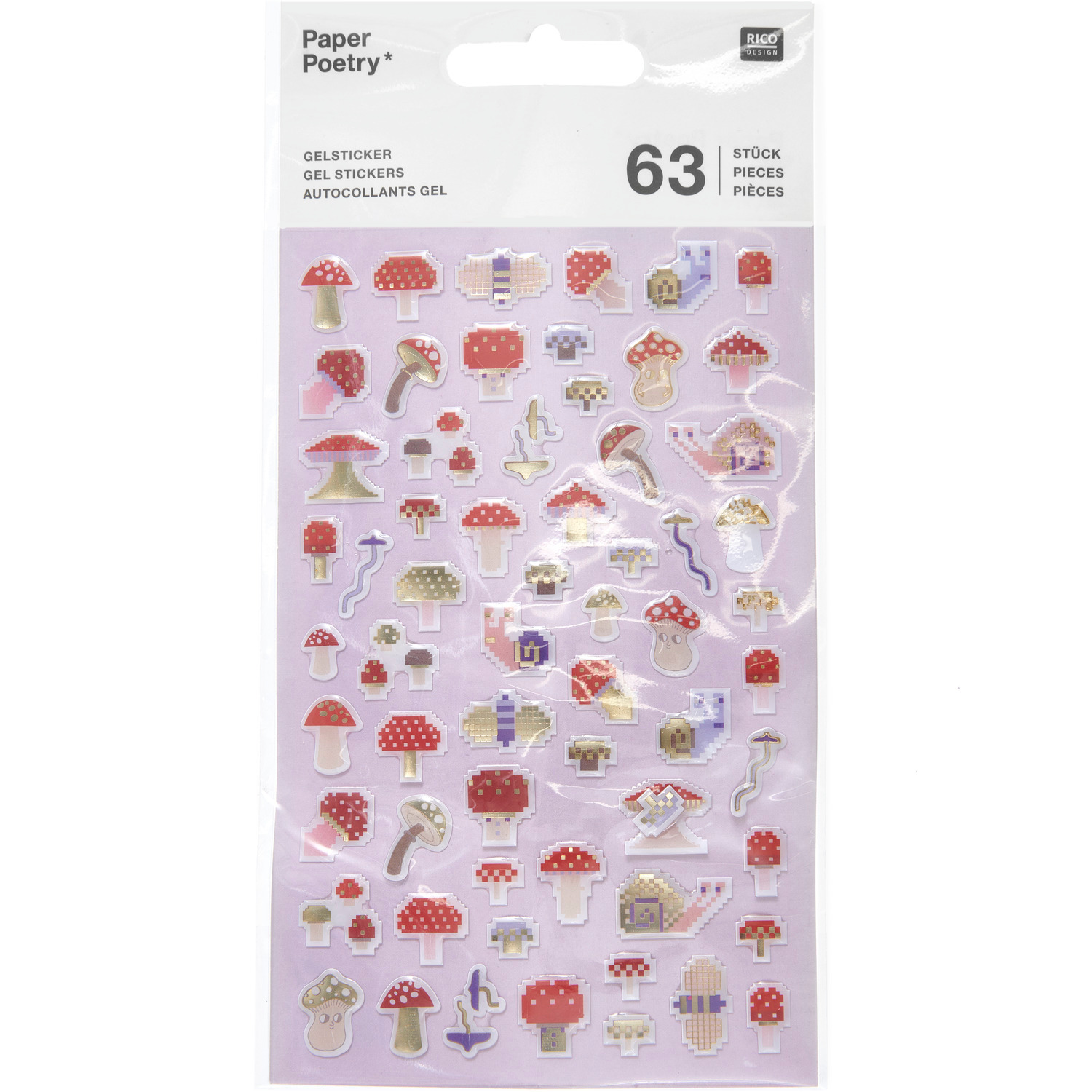 Gelsticker Shrooom Pixel: Bogen mit bunten Pilzmotiven von Rico Design, ideal für kreative Bastelprojekte.