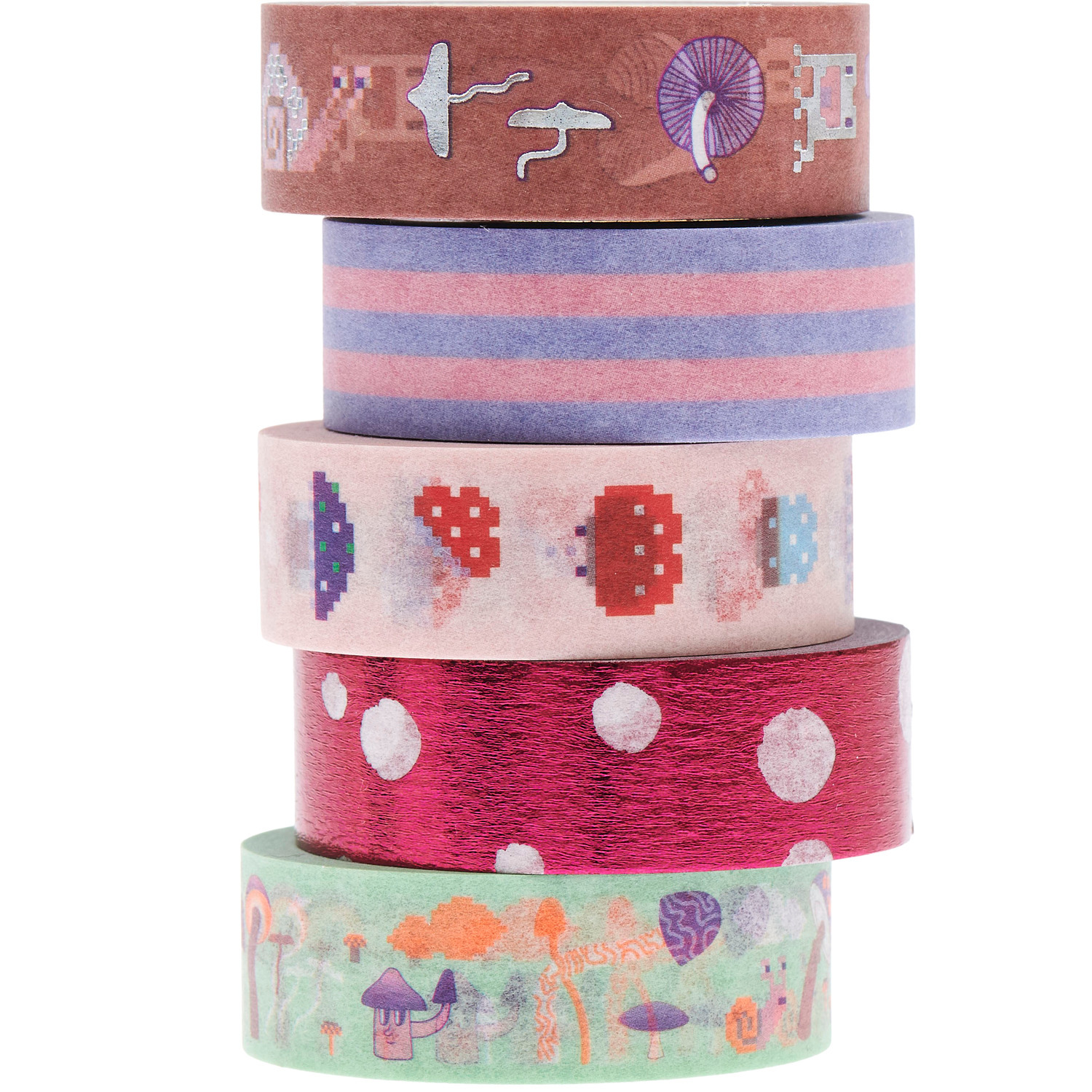 Paper Poetry Tape Set Shrooom Big Shroomies zeigt fünf dekorative Klebebänder von Rico Design in verschiedenen Designs.
