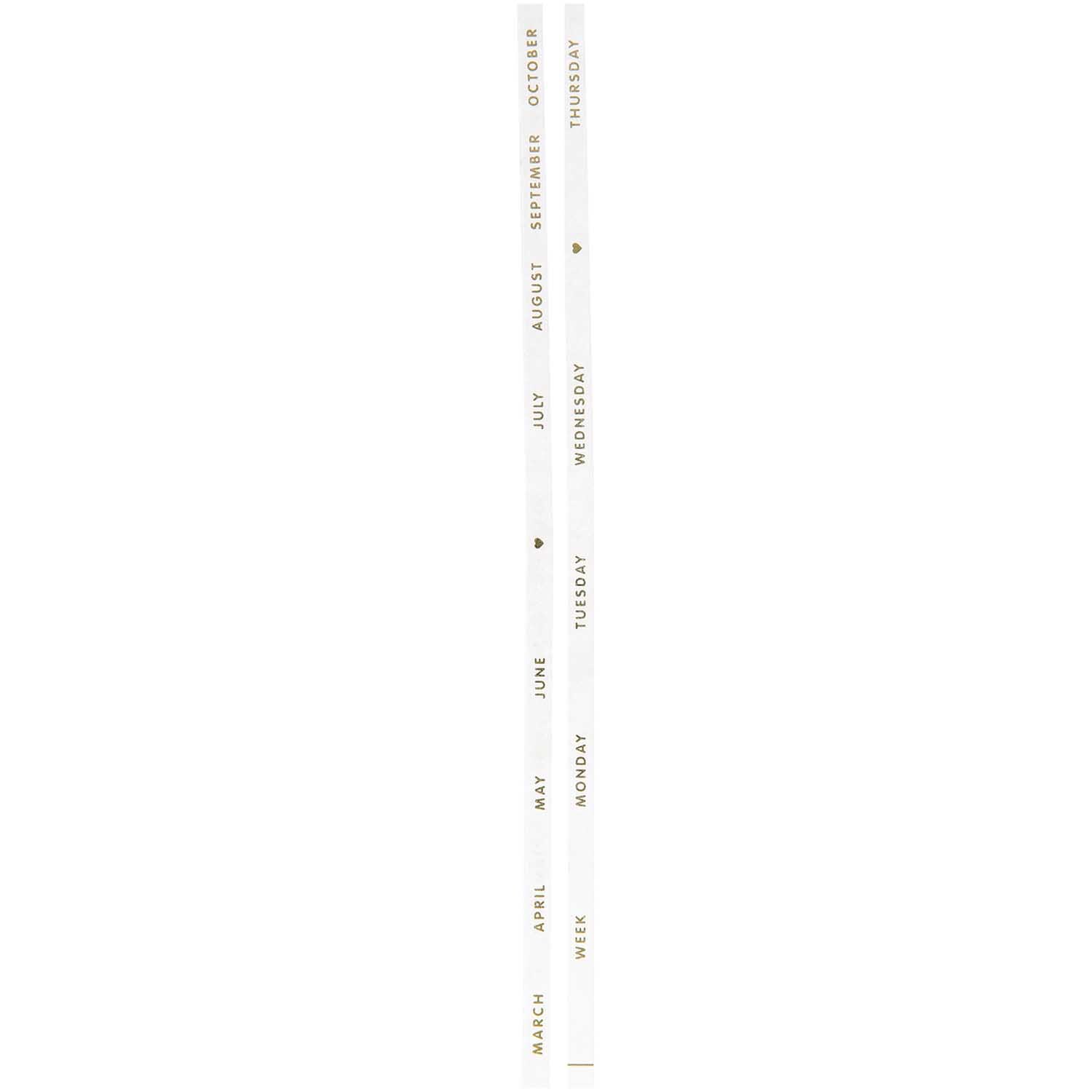 Paper Poetry Tapes Monate & Wochentage 5mm 10m 2 Stück von Rico Design Paper Poetry Tapes Monate & Wochentage, 5mm breit, 10m lang, 2 Stück. Weißes Design mit Monats- und Wochentagsaufdruck. Ideal für kreative Projekte.