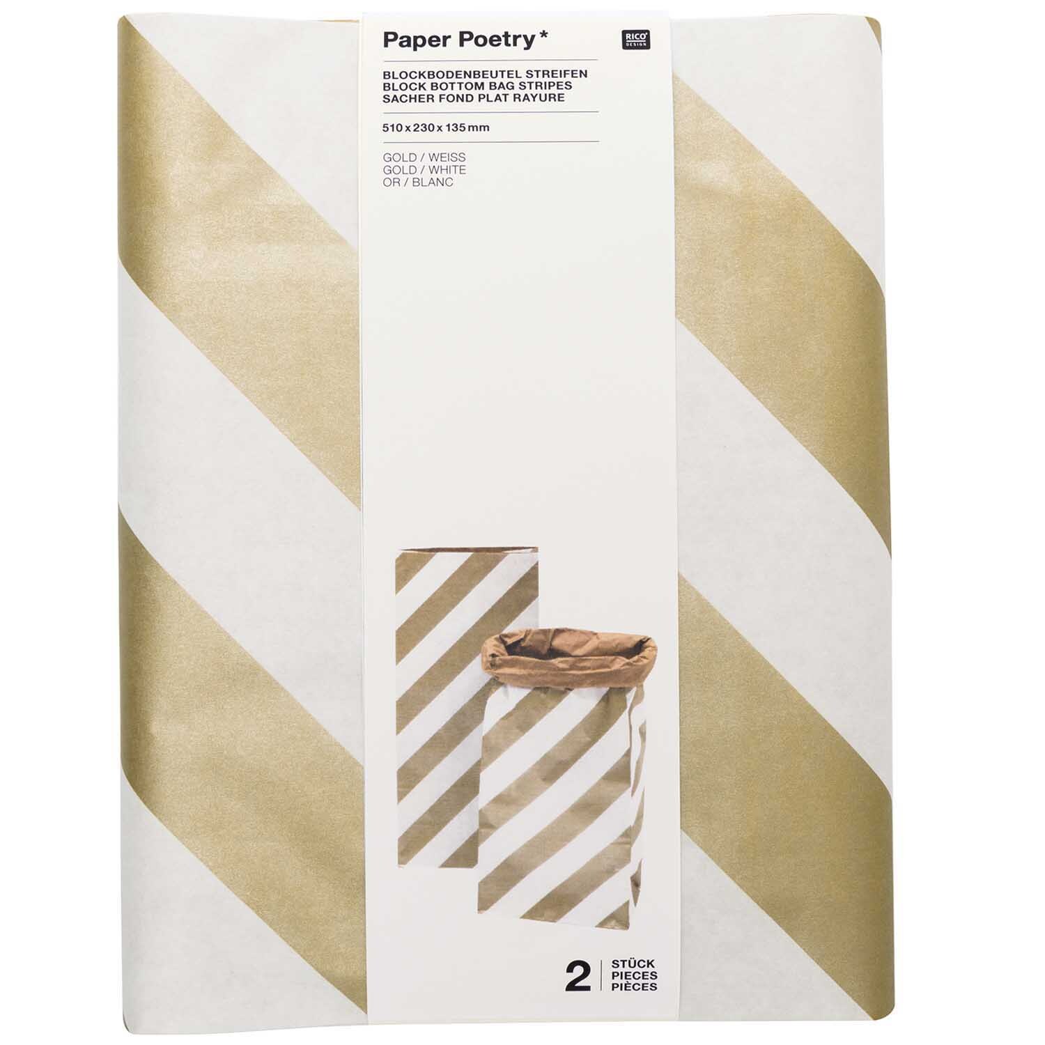 Paper Poetry Maxi-Blockbodenbeutel M Streifen 51x23x13,5cm 2 Stück Farbe Weiß-Braun-Gold von Rico Design