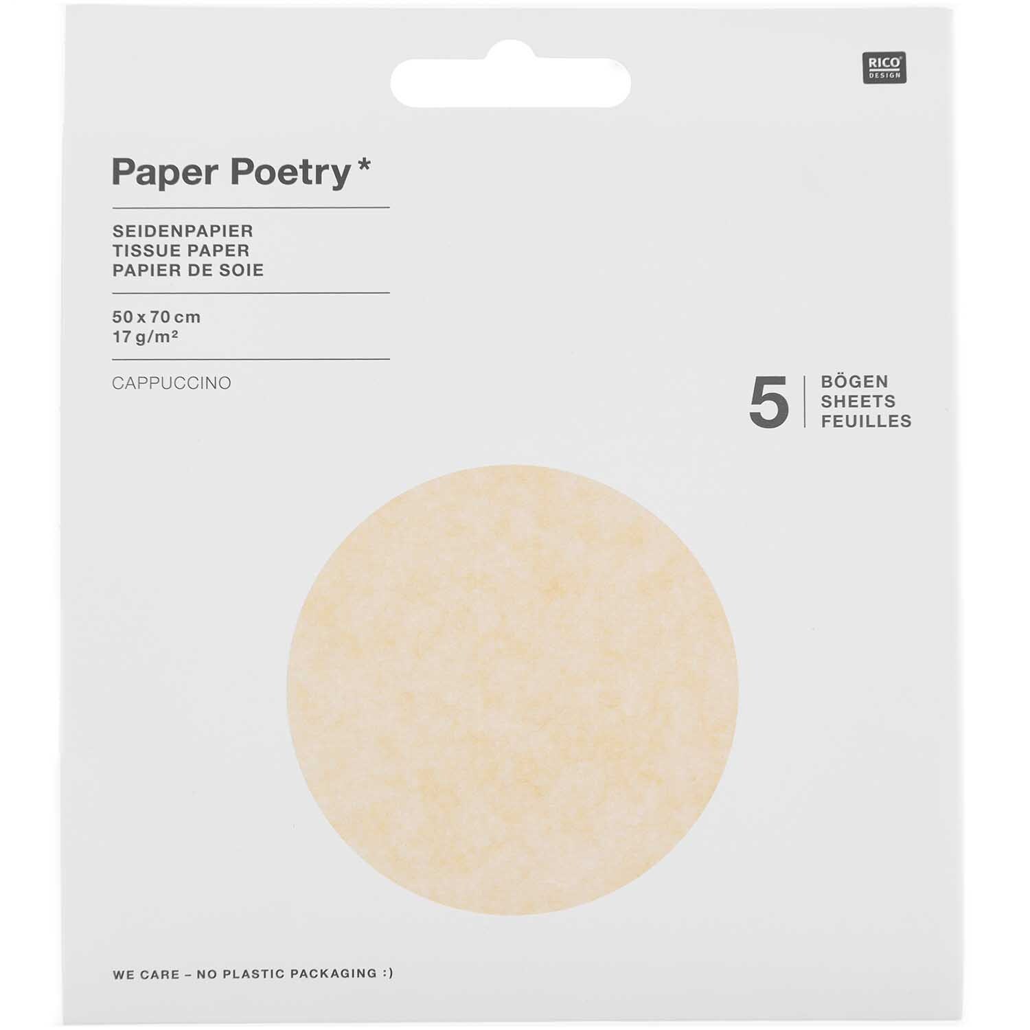 Paper Poetry Seidenpapier 50x70cm 17g/m² 5 Bogen Farbe Cappuccino von Rico Design Paper Poetry Seidenpapier in Cappuccino, 50x70cm, 17g/m², 5 Bogen, von Rico Design, auf weißem Hintergrund.