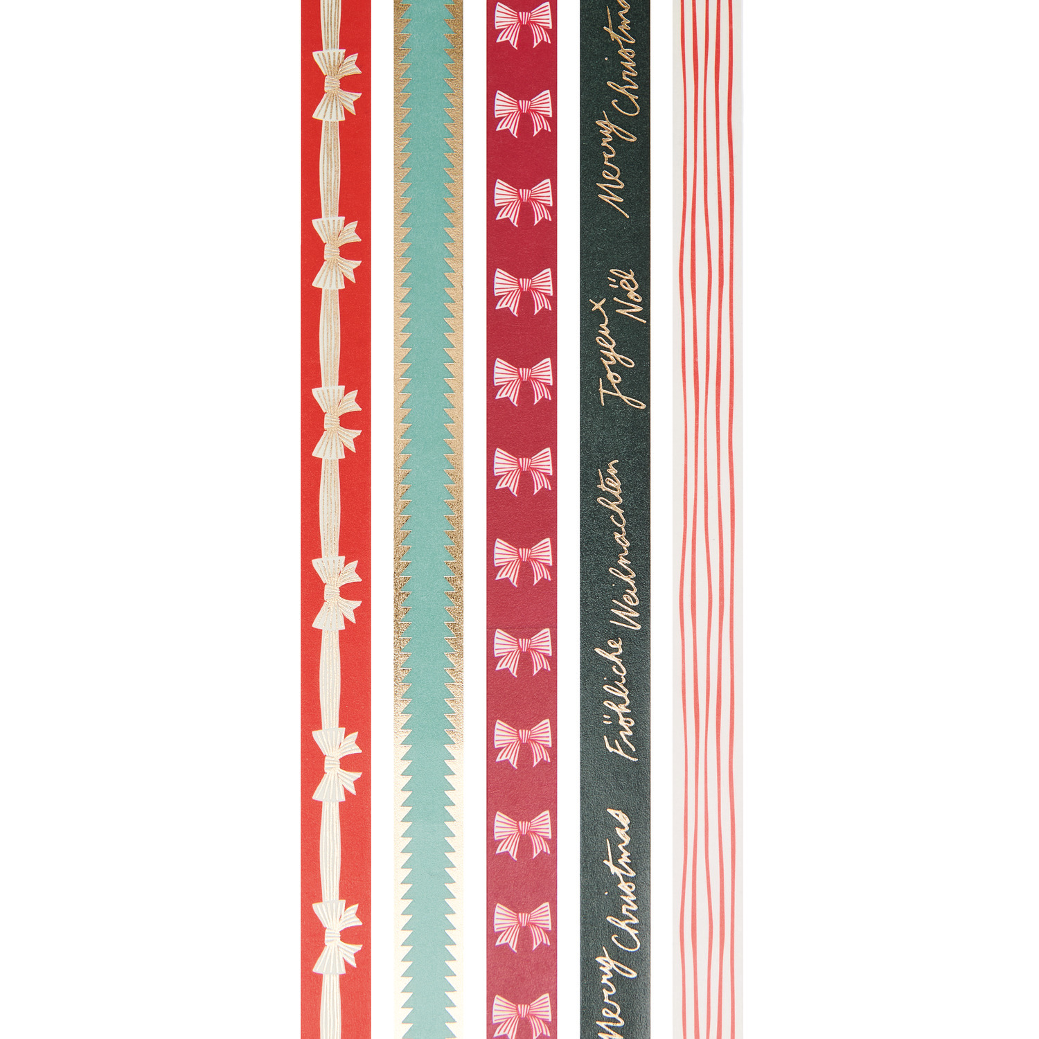 Paper Poetry Tape Set Schleifen Classic 5 Stück, 1,5cmx10m von Rico Design Paper Poetry Tape Set Schleifen Classic, 5 Stück, 1,5cmx10m, mit festlichen Mustern in Rot, Grün und Gold für kreative Weihnachtsdekorationen.