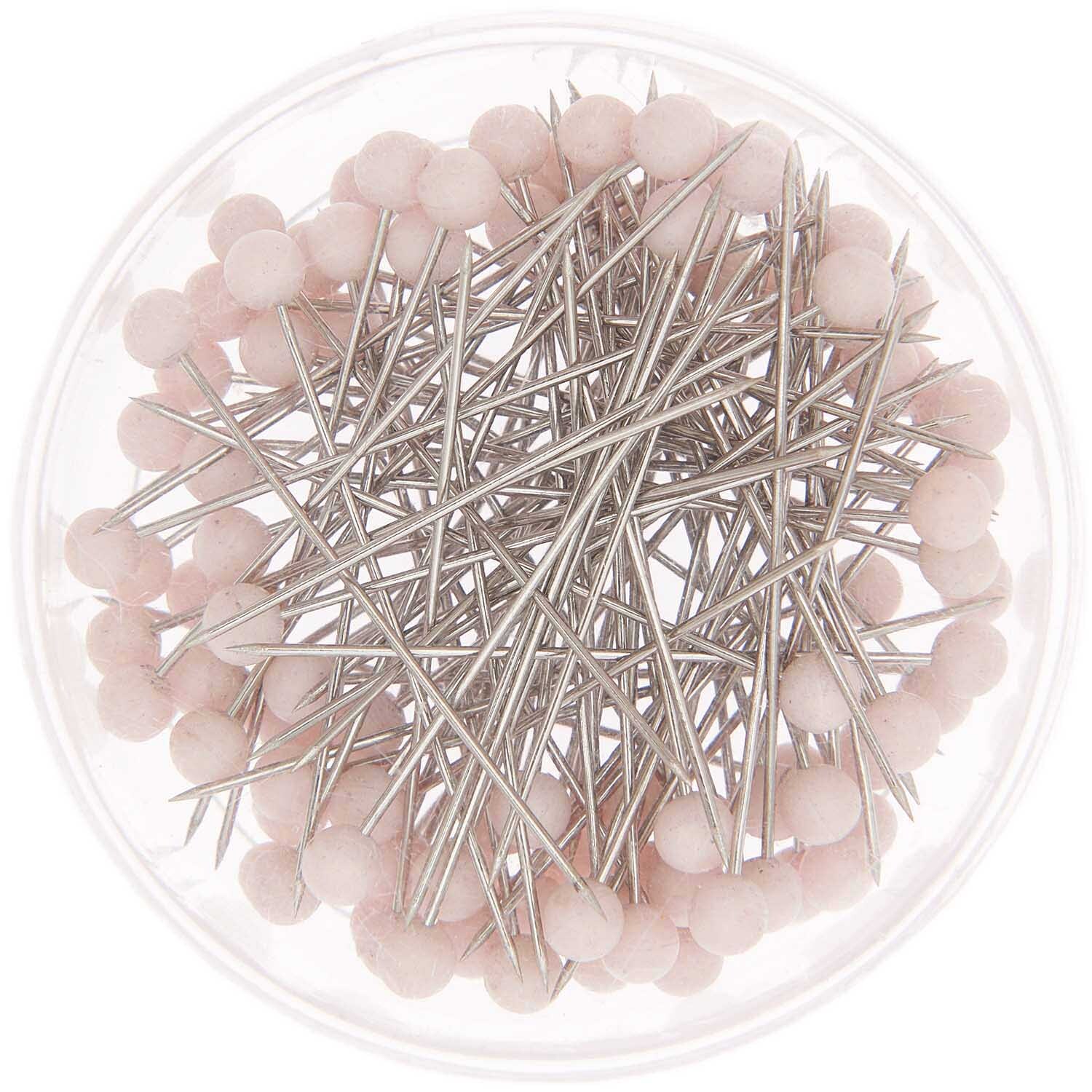 Stecknadeln 38mm 100 Stück in einer runden Box, rosa Köpfe, ideal für Nähprojekte.