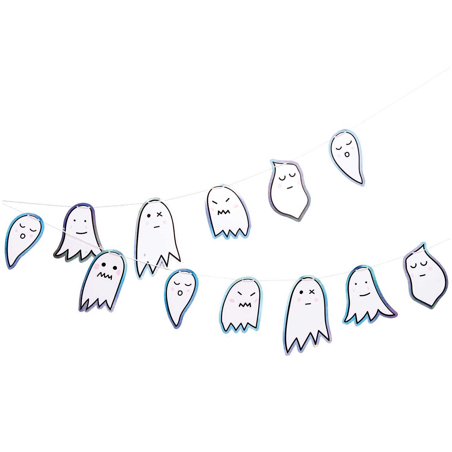 Paper Poetry Girlande Halloween Gespenster 3m zeigt bunte Geister auf einer Schnur, ideal für Halloween-Dekorationen.