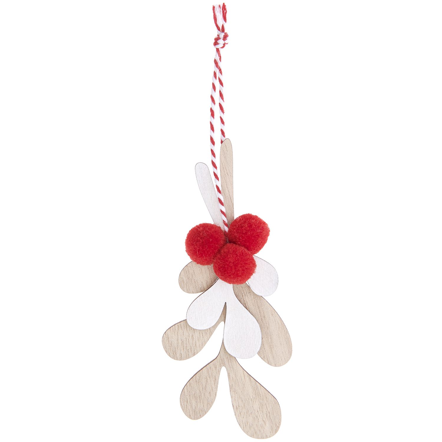 Holzhänger Blätter mit Pompons zeigt naturfarbene Holzblätter mit roten Pompons, ideal für Dekorationen.