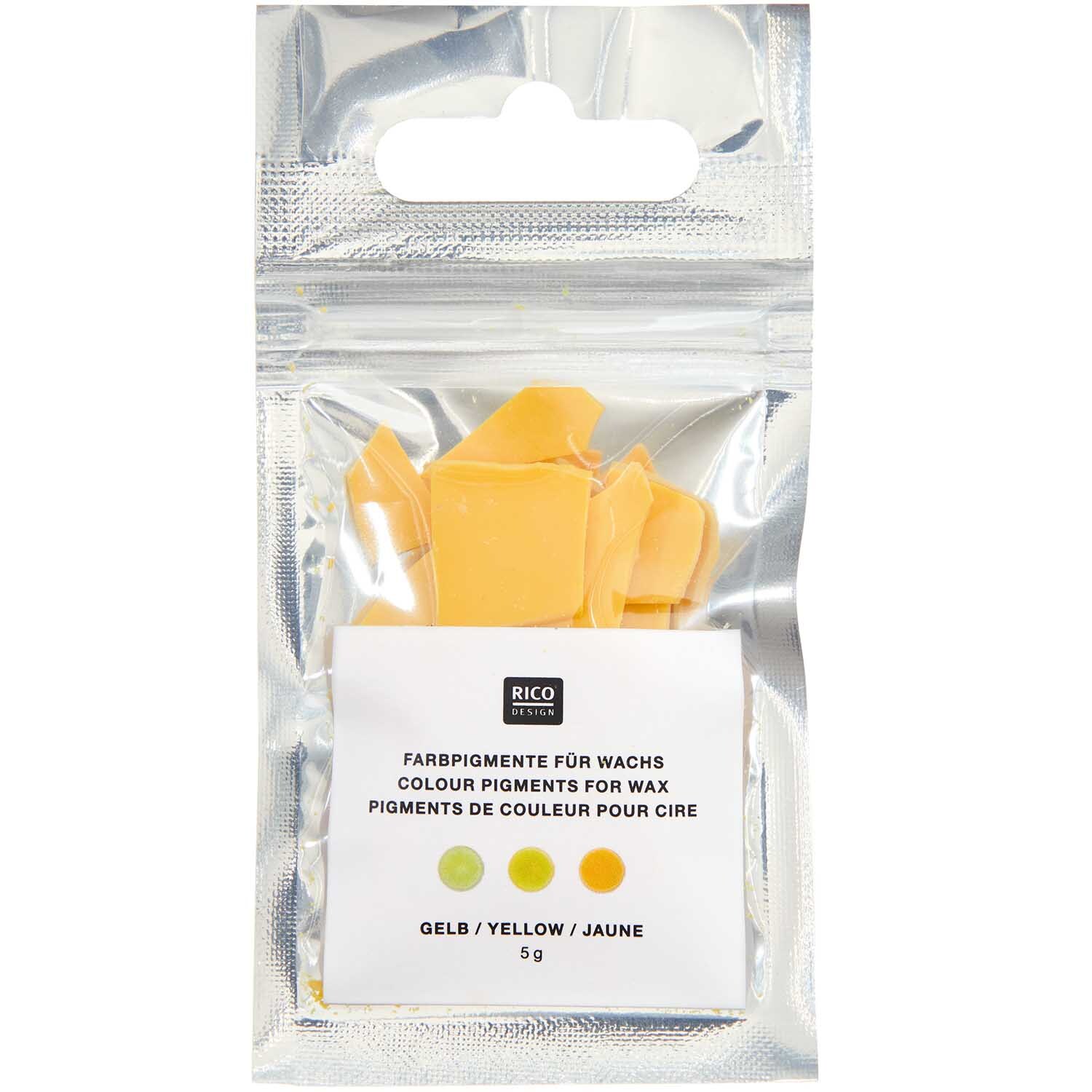 Kerzenfarbe 5g: Gelbe Farbpigmente von Rico Design in einer transparenten Verpackung für Wachs.