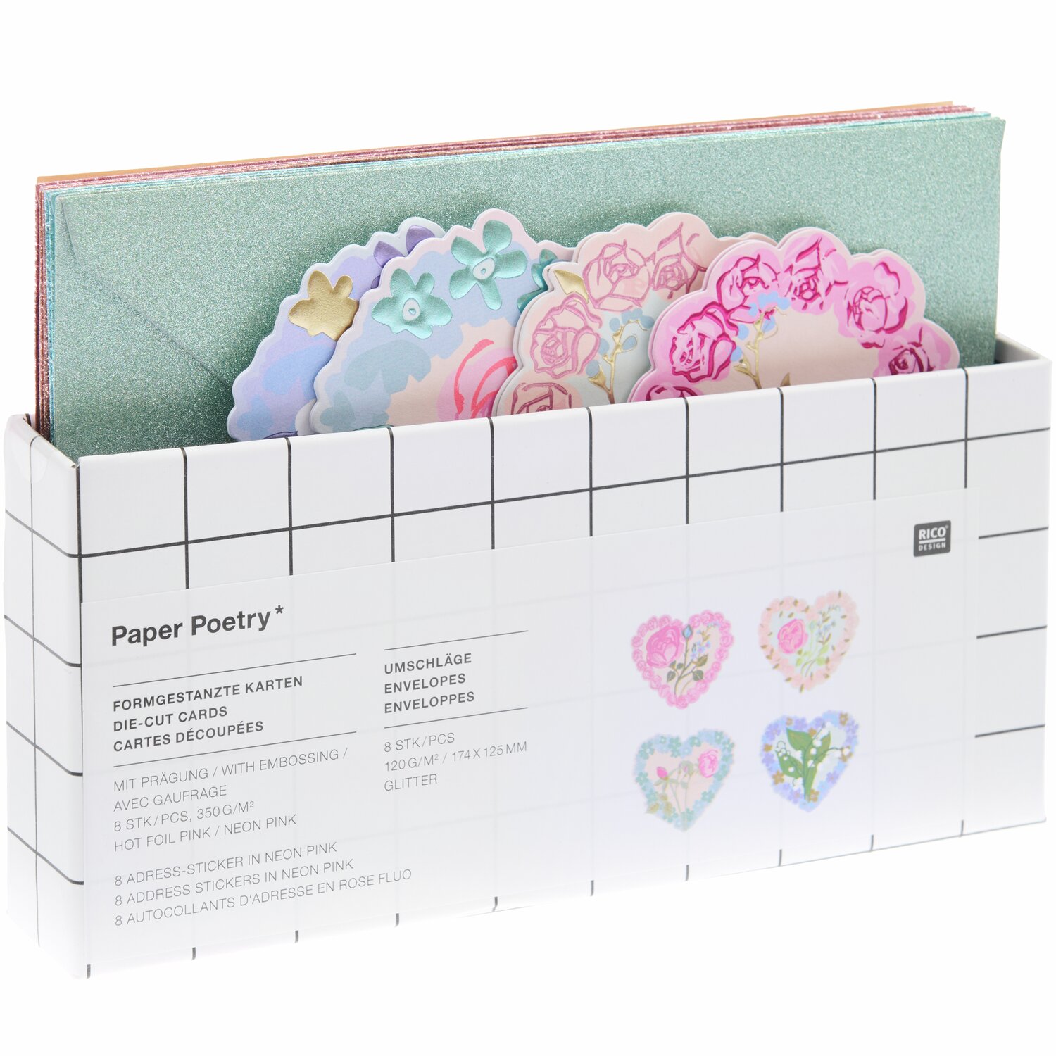 Paper Poetry Kartenset La Vie en Rose Herzen 16-teilig von Rico Design Paper Poetry Kartenset La Vie en Rose Herzen, 16-teilig, von Rico Design. Enthält bunte, herzförmige Karten in einer dekorativen Box.