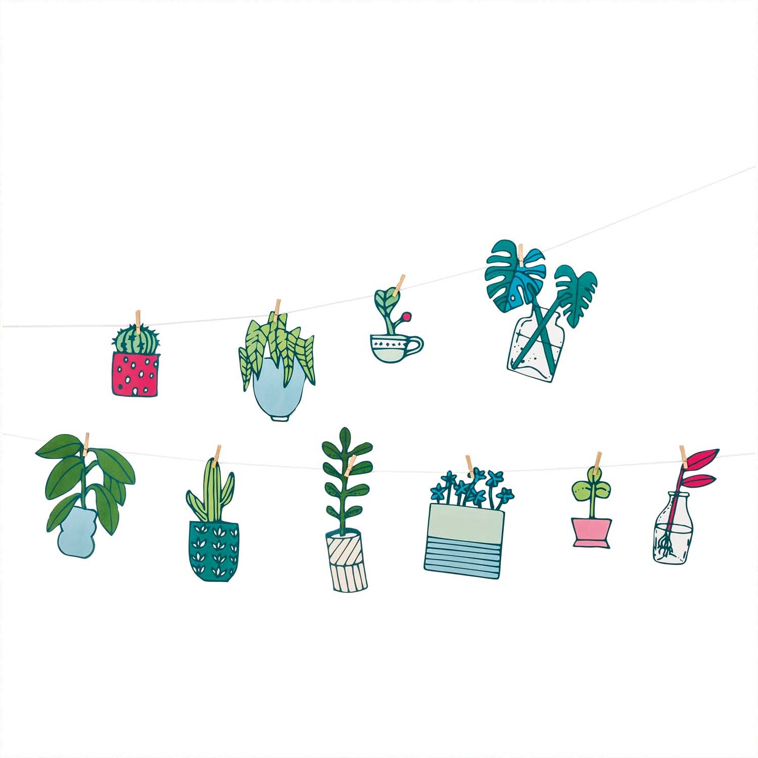 Paper Poetry Girlande Hygge Plants 3m zeigt eine bunte Reihe von Pflanzenmotiven an einer Schnur. Ideal für kreative Dekorationen.