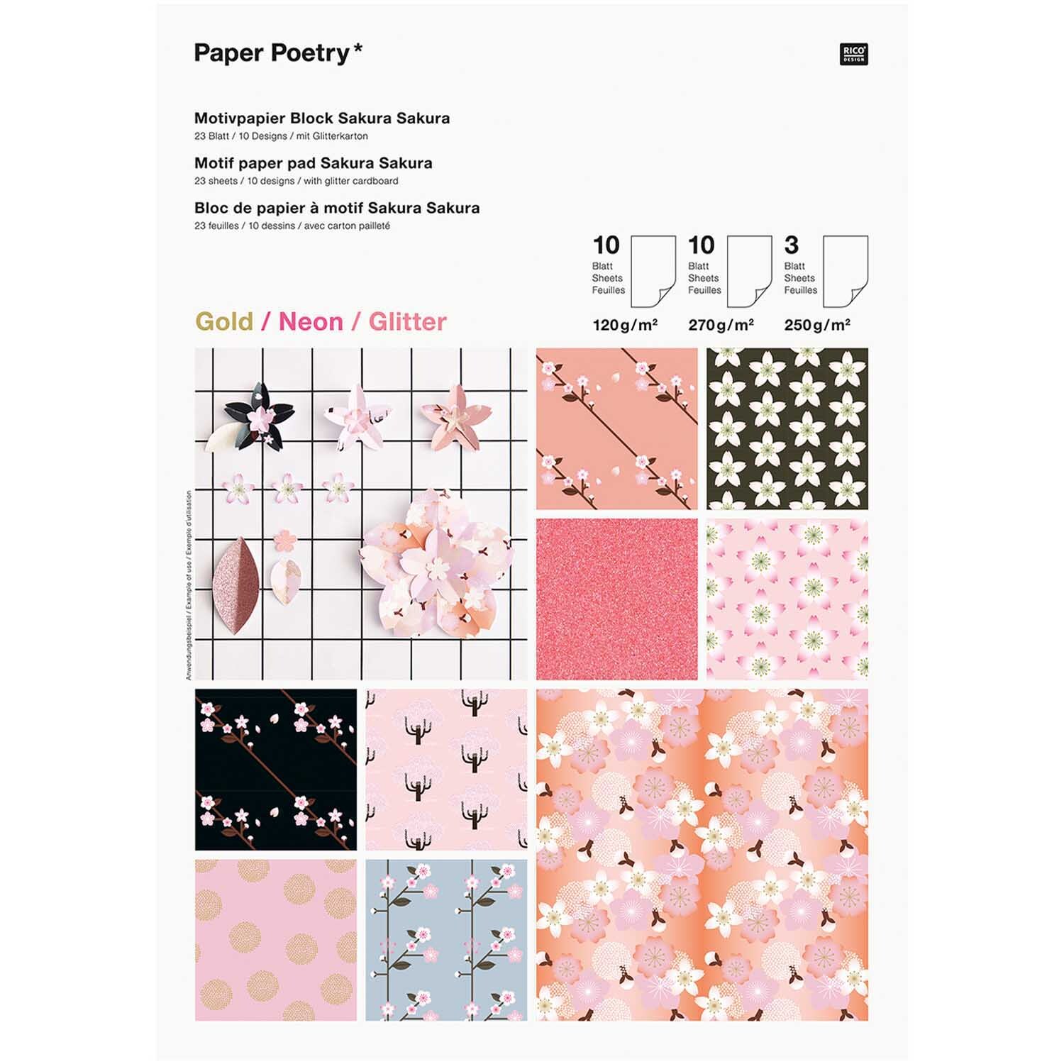 Paper Poetry Motivpapierblock Sakura Sakura zeigt florale Muster in Rosa und Schwarz von Rico Design. Ideal für kreative Projekte und Bastelarbeiten.