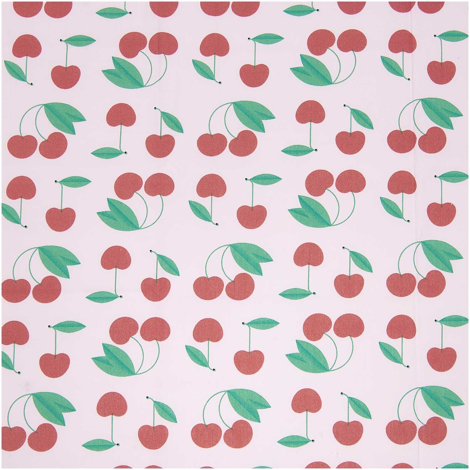 Stoffabschnitt Baumwoll-Popelin mit rosa Hintergrund und roten Kirschenmuster von Rico Design.