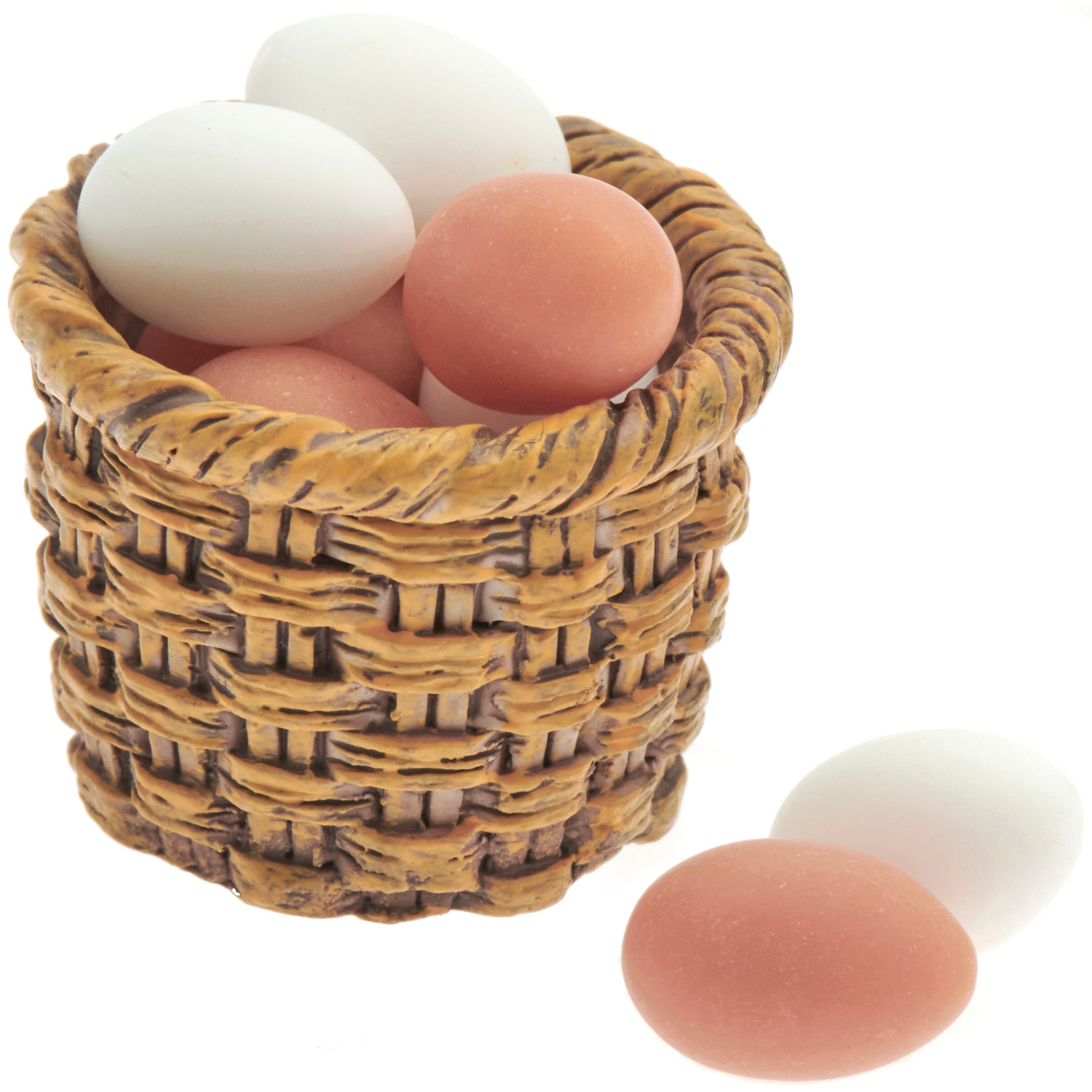 Miniatur Eierkorb mit 8 Eiern aus braunem Korbgeflecht, gefüllt mit weißen und braunen Eiern.