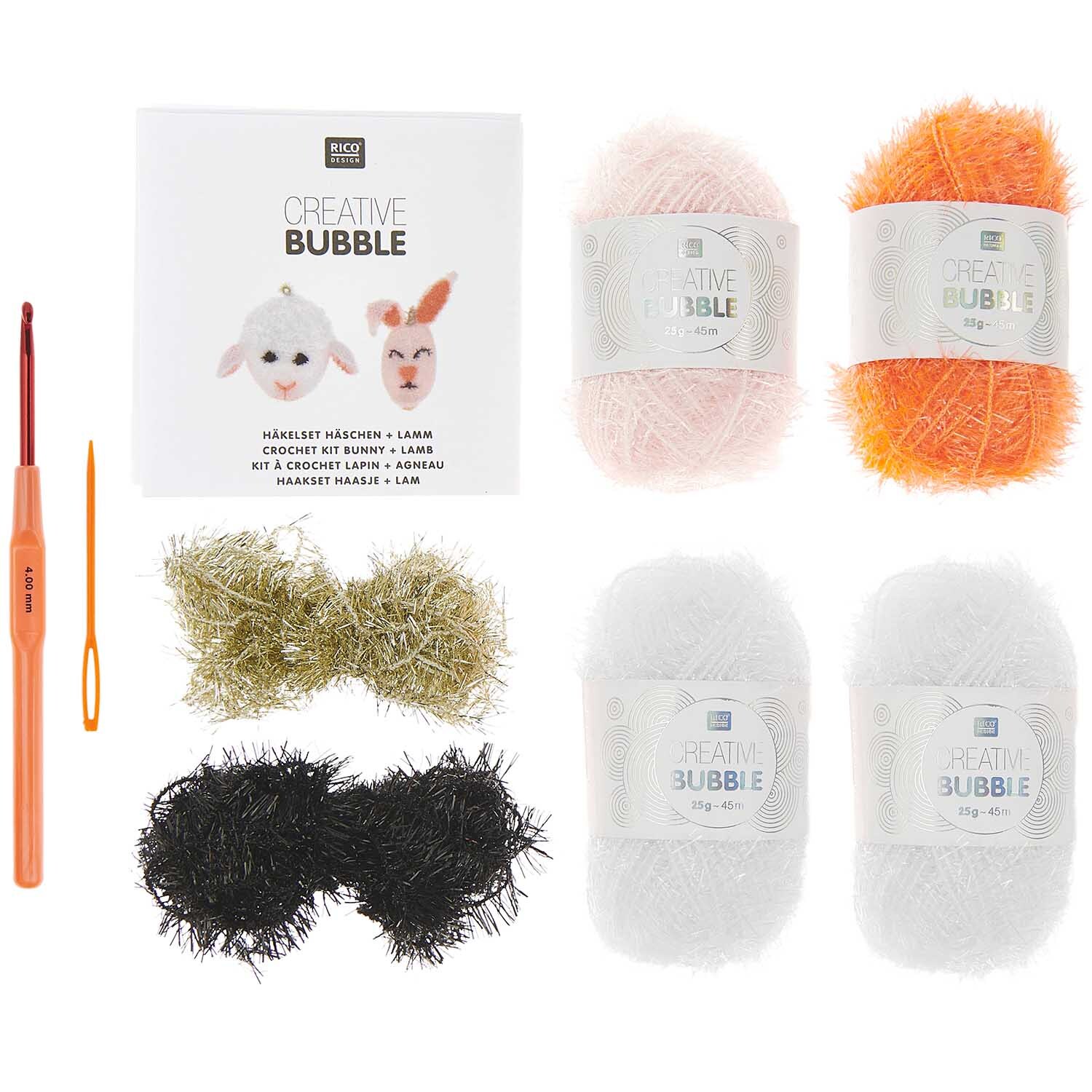 Häkelset Creative Bubble Häschen + Lamm von Rico Design Häkelset Creative Bubble Häschen + Lamm mit bunten Garnen und Häkelnadel von Rico Design. Ideal für kreative Bastelprojekte.