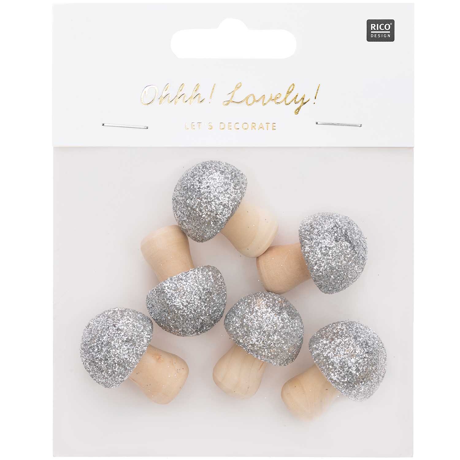 3D-Holzstreu Pilz mit Glitter silber 30x23mm 6 Stück von Rico Design
