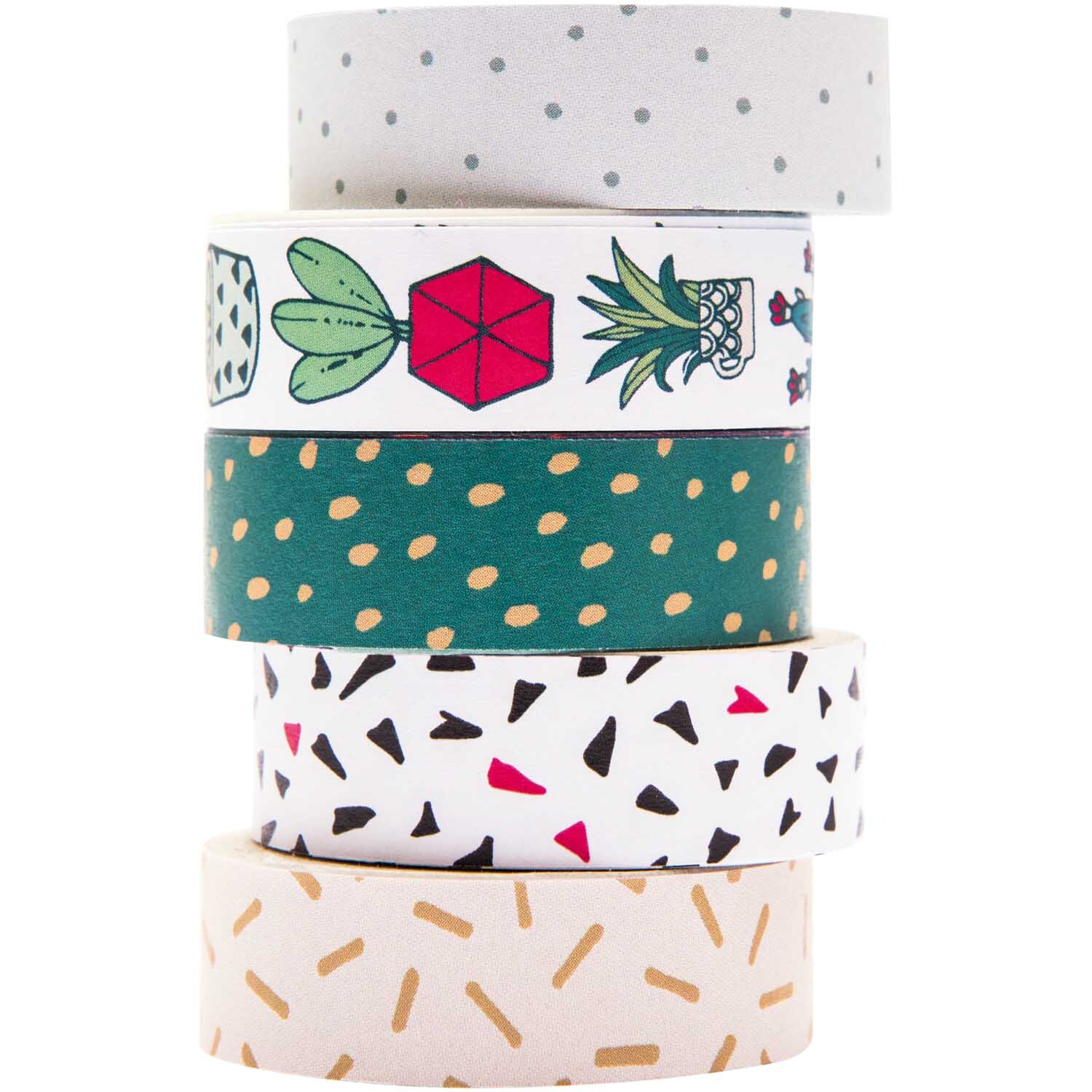 Paper Poetry Tape Set Hygge Plants: Fünf dekorative Washi-Tapes mit Pflanzenmotiven und geometrischen Mustern. Ideal für kreative Projekte.