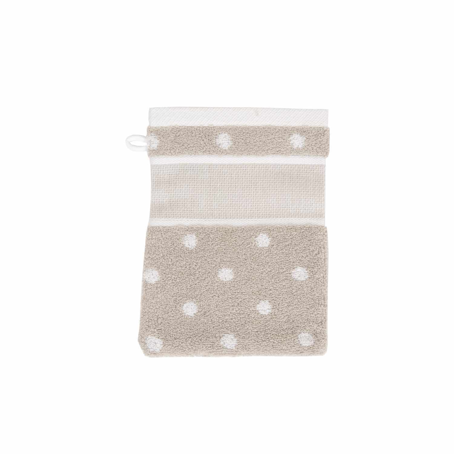 Waschhandschuh beige mit weißen Punkten von Rico Design, 15x21cm, auf weißem Hintergrund.