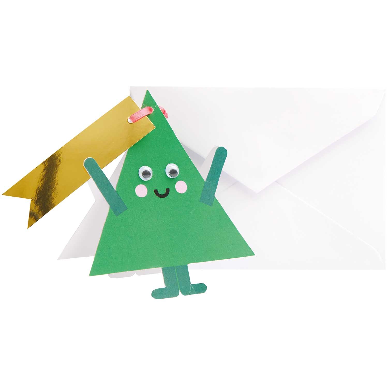 Paper Poetry Karte mit Wackelaugen Tanne, fröhliche grüne Tanne mit Wackelaugen vor weißem Umschlag, von Rico Design.