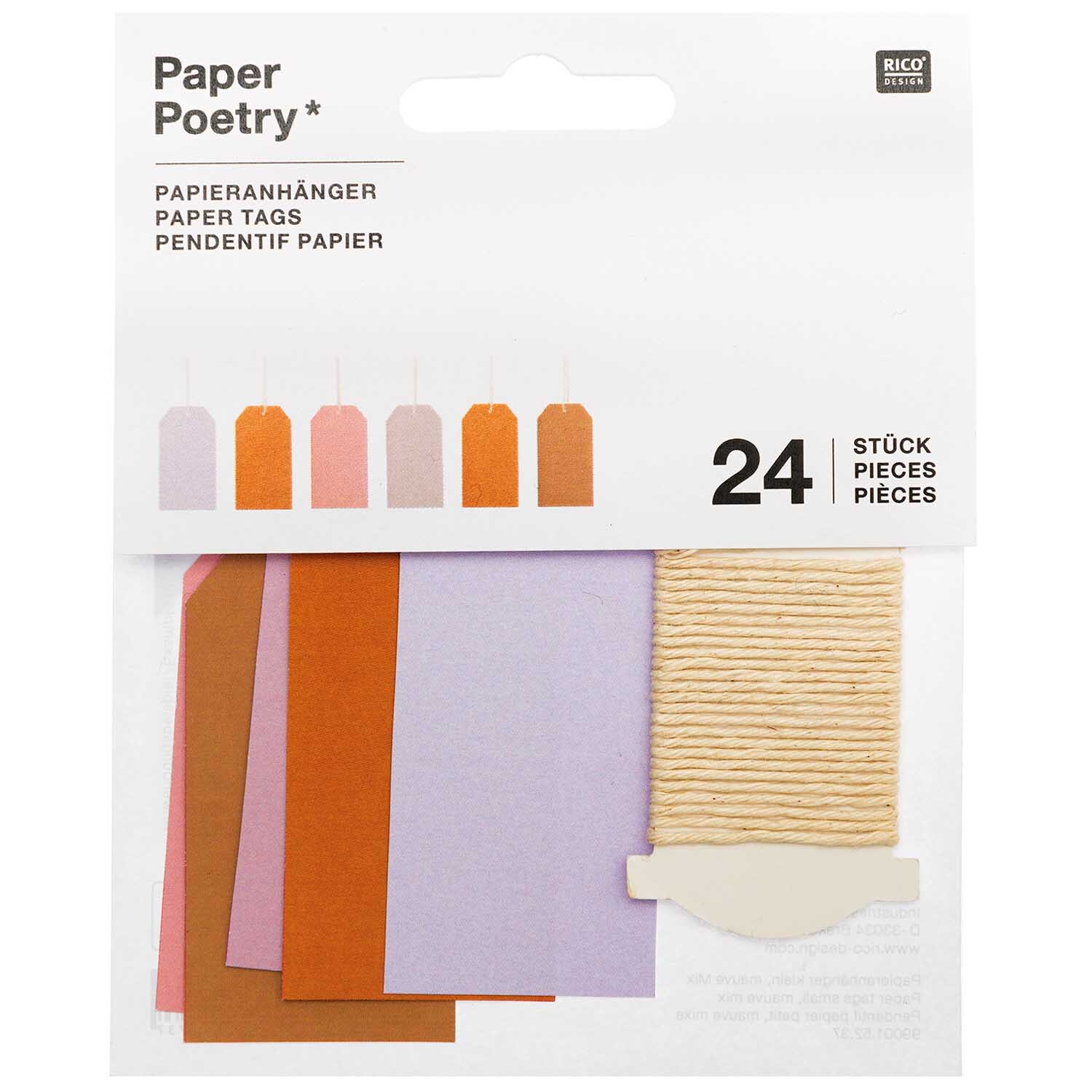 Paper Poetry Papieranhänger in verschiedenen Farben, 24 Stück, ideal für kreative Projekte.