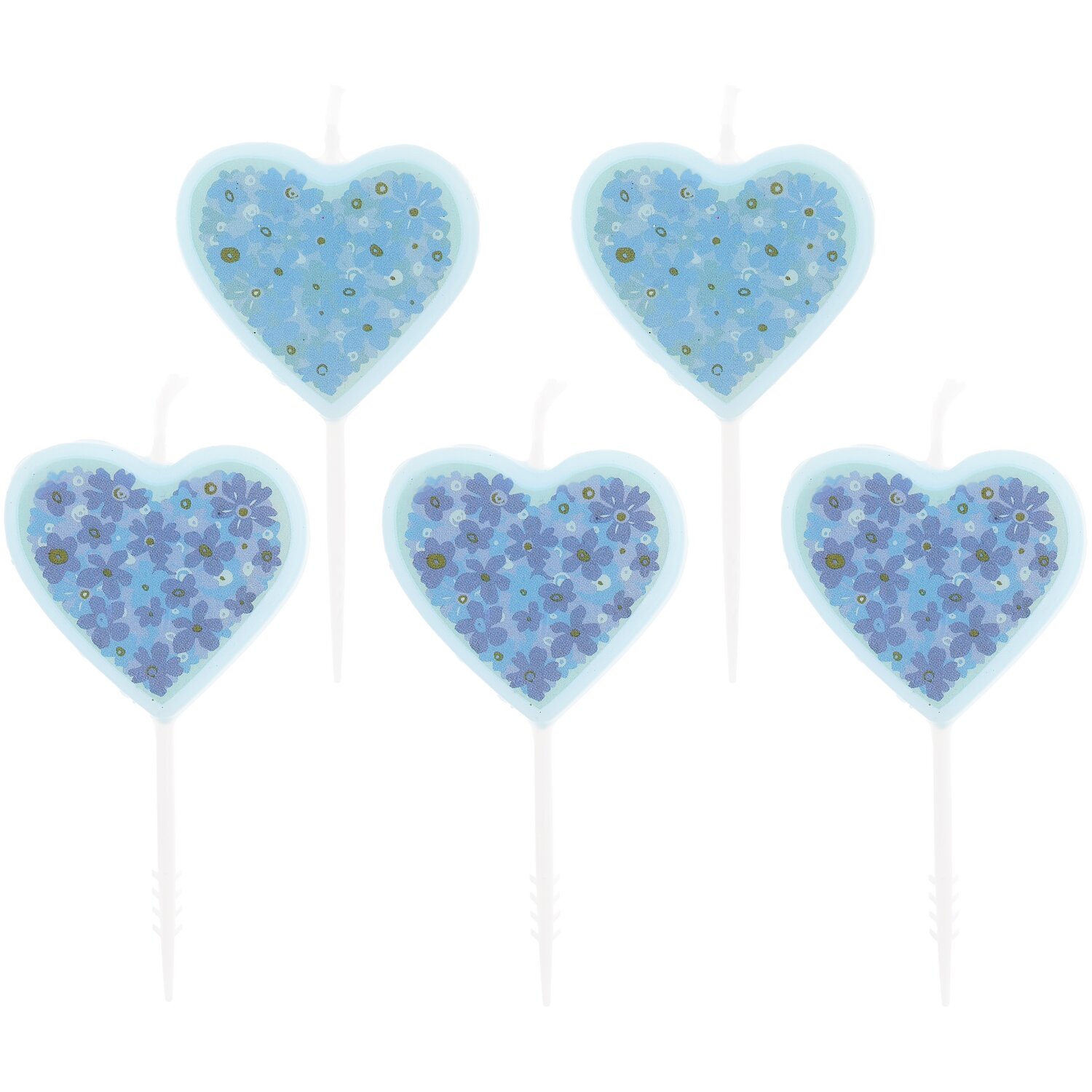 Kuchenkerzen Vergissmeinnicht von Rico Design: Fünf herzförmige, blaue Kerzen mit Blumenmuster.