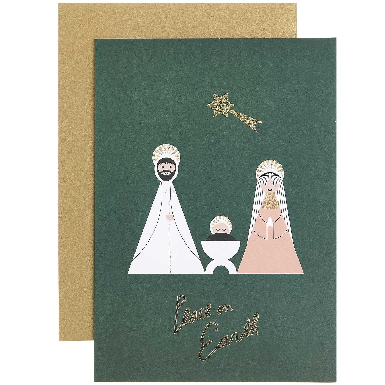 Paper Poetry Grußkarte Holy Family zeigt die Heilige Familie auf grünem Hintergrund mit Stern.